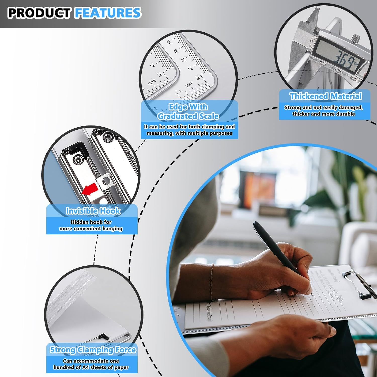 Sekonow Clipboards - 4 Pack Metal Clipboard with Scale, Hangable Aluminum Clipboard, Non-Slip Clip Boards 8.5X11 for A4 Letter Size Document, Clipboards Bulk image number 5