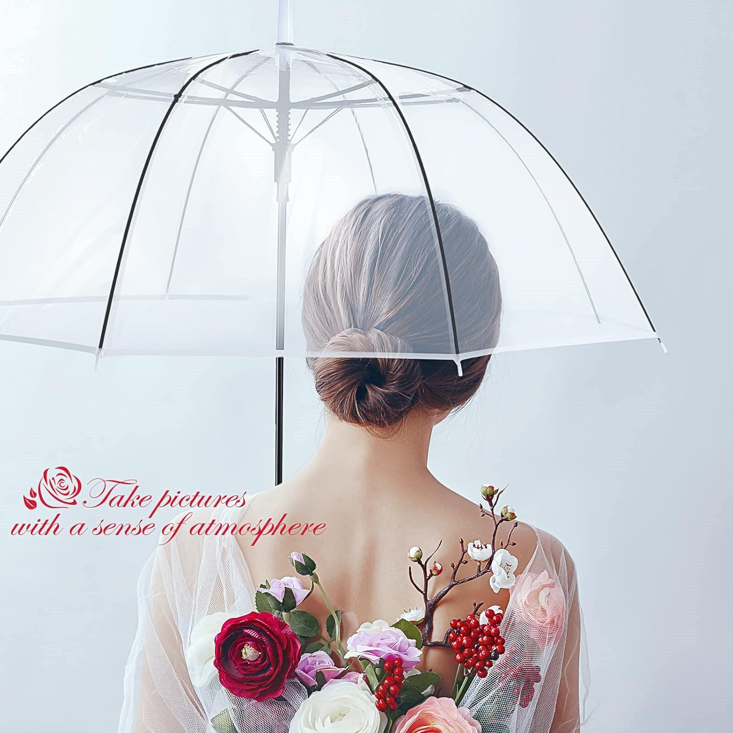 5 Pieces Clear Wedding Umbrella Automatic Open Rounded Umbrella Windproof Bubble Umbrella J Handle Large Canopy Stick Umbrella for Bride Groom Photography Rain Ceremony,White Transparent Umbrella image number 4