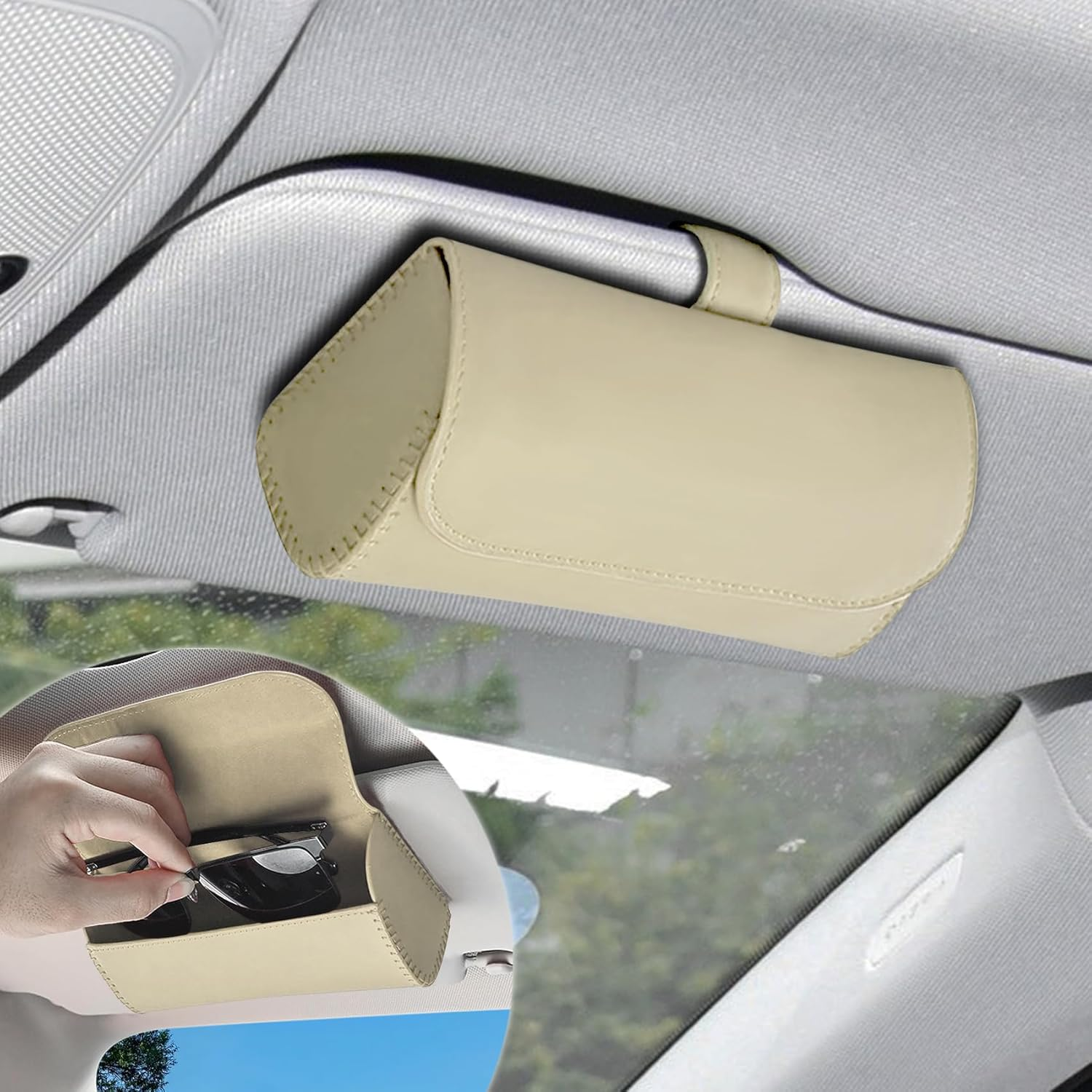 WINUERK Sunglass Holder for Car Visor, Leather Car Eyeglass Holder with Clips, Visor Accessorie Glasses Protective Storage Casef for Women Men, Universal Car Interior Accessories Fit All Cars (Black)