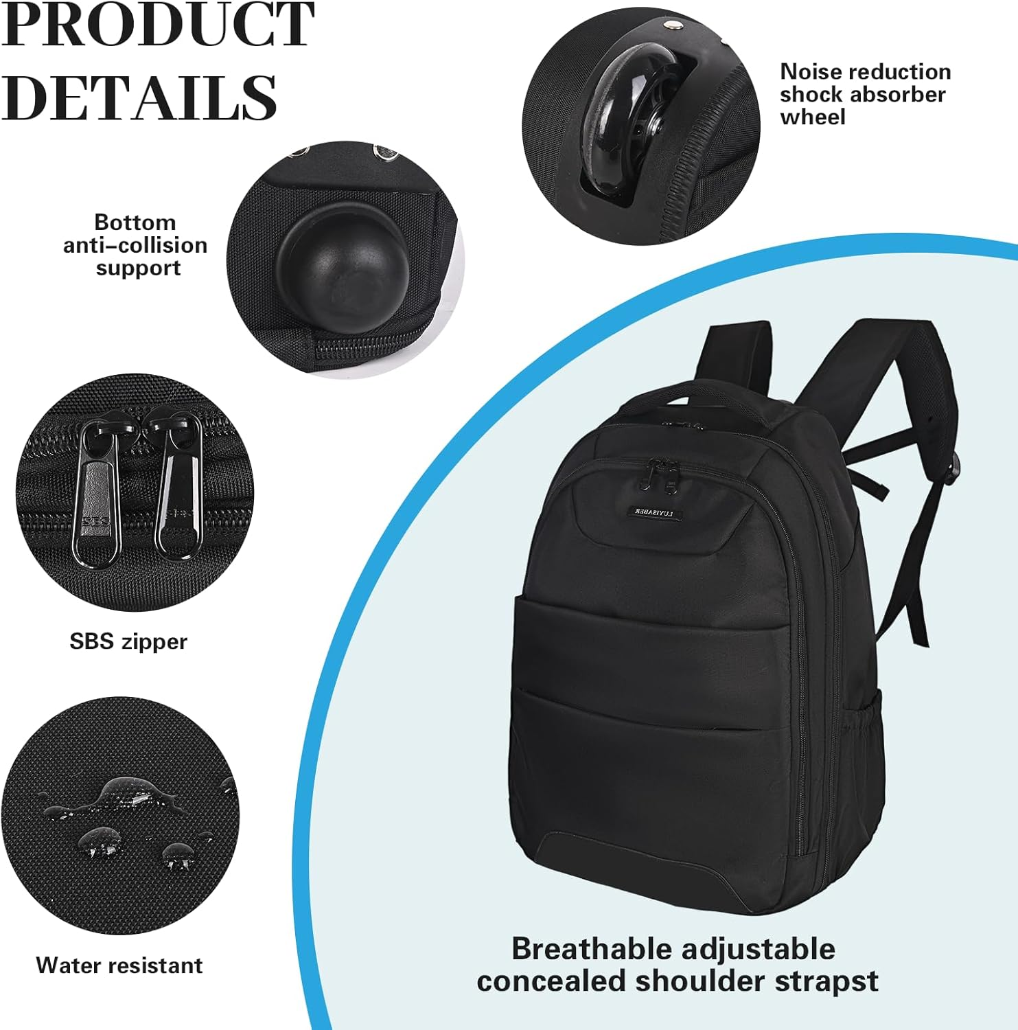 32L Rolling Backpack, Water Resistant Wheeled Backpack, Comfort Casual Durable and Effortlessly to Carry Laptop Books and Documents, Hidden Shoulder Straps for Business Travel