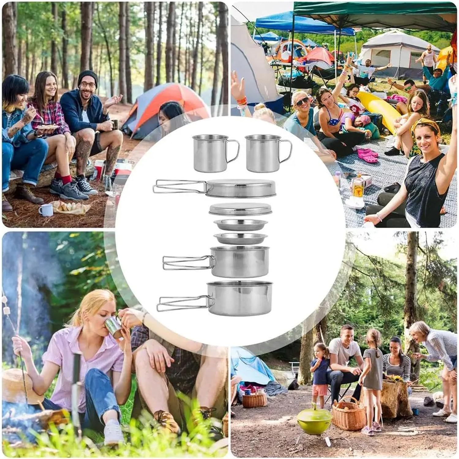8Pcs Stainless Steel Camping Cookware Set, Camping Cooking Equipment, 2-3 People, Compact, Easy to Carry, Complete Set, Healthy & Safe