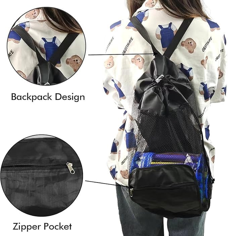 Yangshengyi Foldable Drawstring Mesh Beach Backpack, 1Pc Portable Draw-String Mesh Backpack Mesh Beach Tote, Drawstring Beaching Shell Toy Bag Mesh Backpack for Pool, Black image number 5