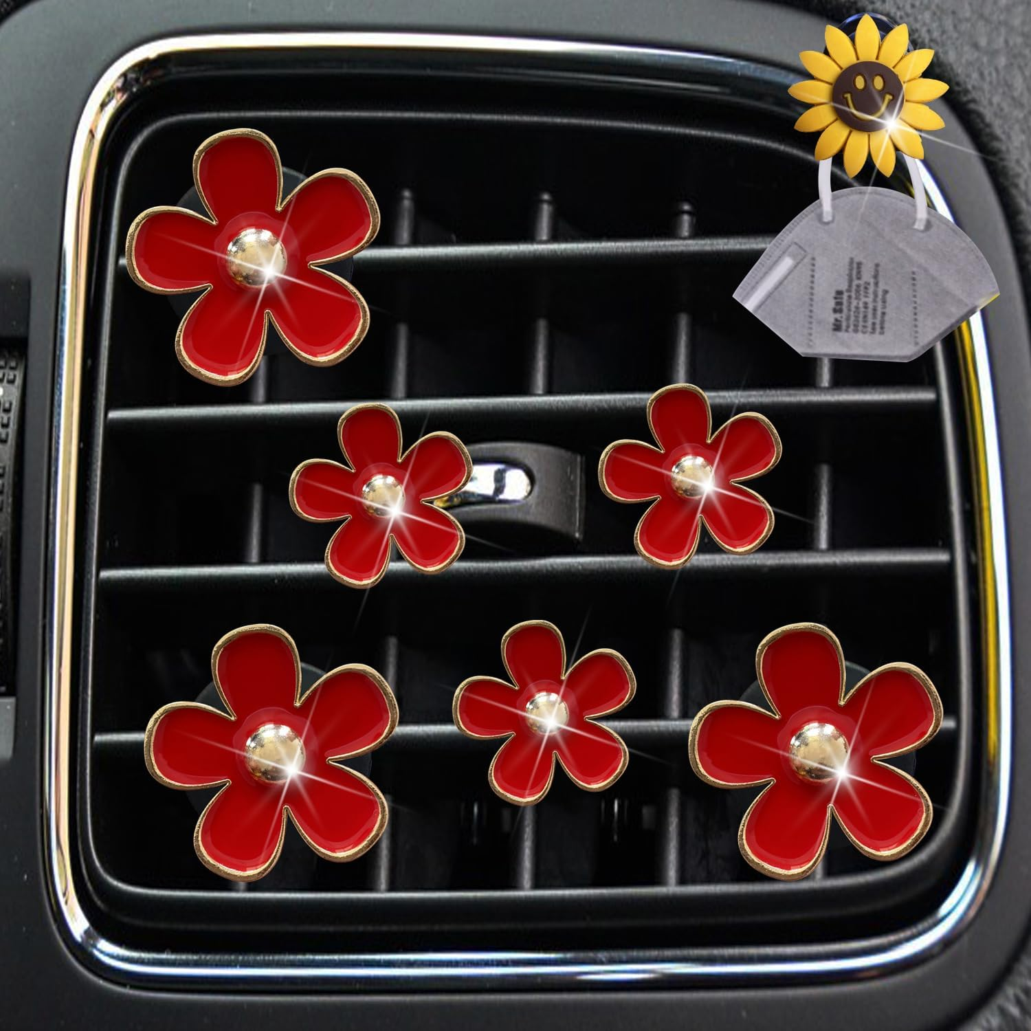 Daisy Air Vent Clips - 6 Pcs Cute Flower Outlet Clip Car Air Fresheners with Mask Hook (Red) image number 1