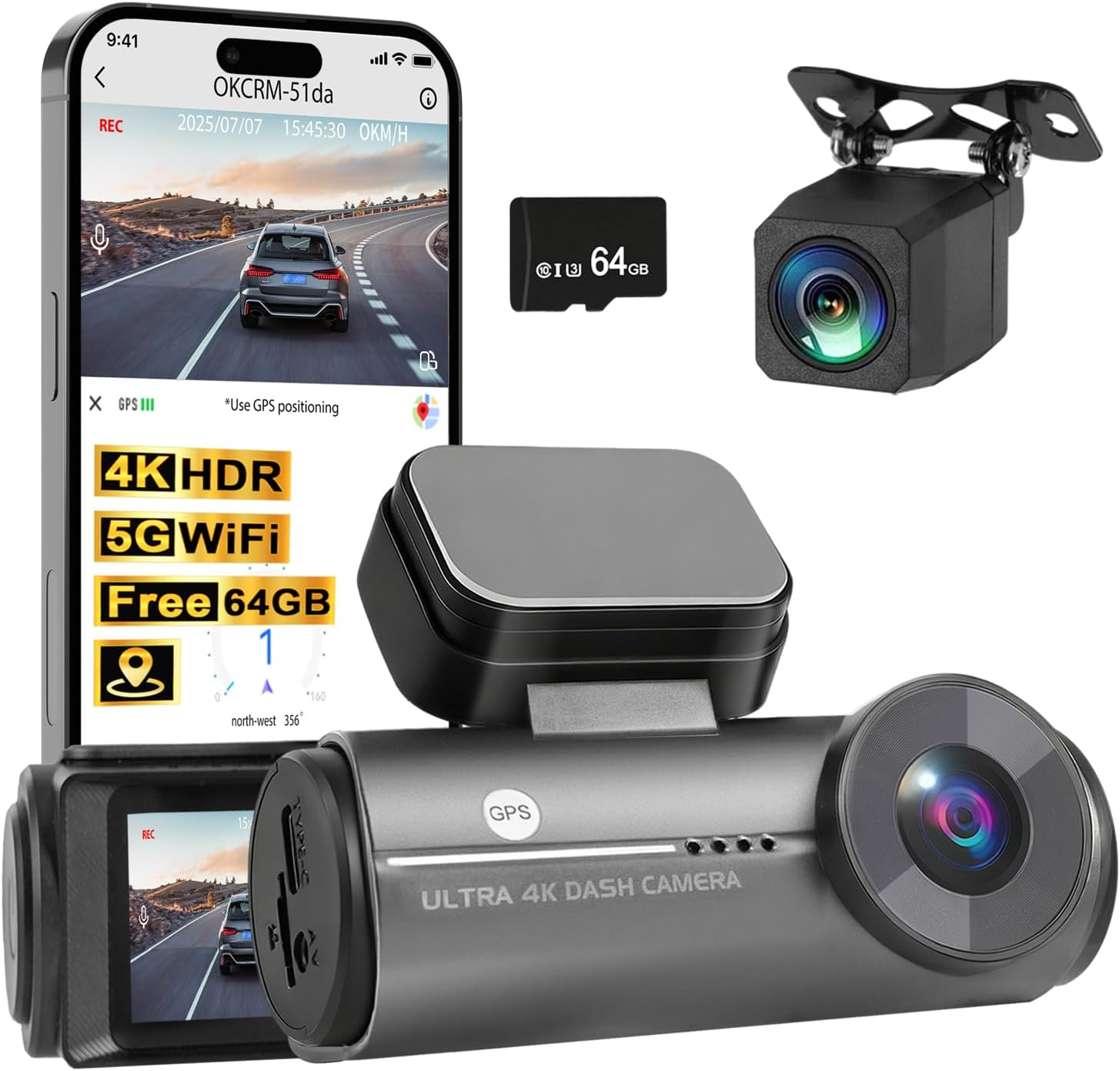 2025 Upgraded Dual 4K+1080P Dash Cam with 5Ghz Wifi & Built-In GPS, Includes 64GB SD Card, 2.99" Display, Hardwire Kit & Car Charger. 24H Parking Mode, Super Night Vision, App Control, Supports 256GB. image number 5