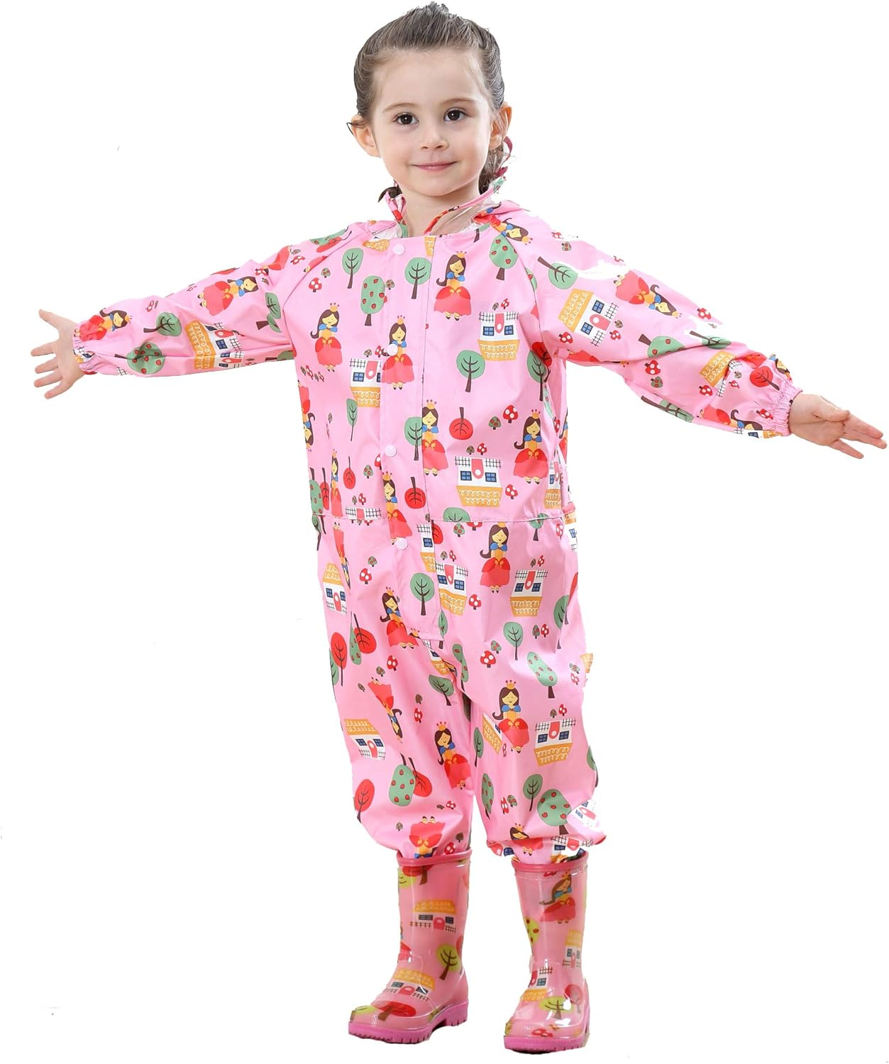 Raincoat Kids Hooded Rains Puddle Suit Poncho Rainwear Jumpsuit One Piece Lightweight Portable Waterproof Rainsuit Jacket Unisex Boy Girl with PVC Transparent Hat Brim Zipper Age 1-7 Years image number 5