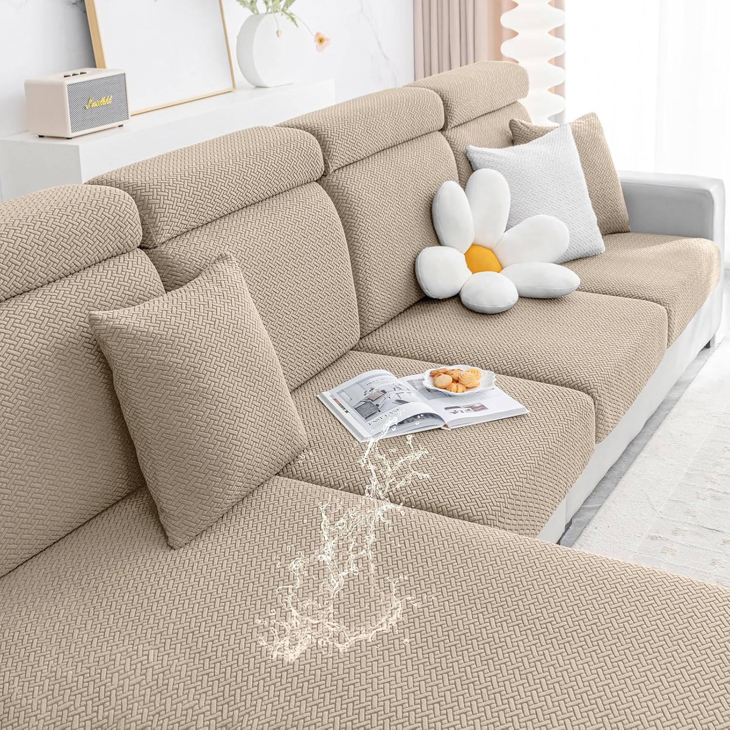 Smiry Waterproof Couch Cushion Covers, Stretch Jacquard Thick Sofa Cushion Covers, Washable Seat Slipcover Elastic Furniture Protector for Pets, Kid (2PC, Camel)