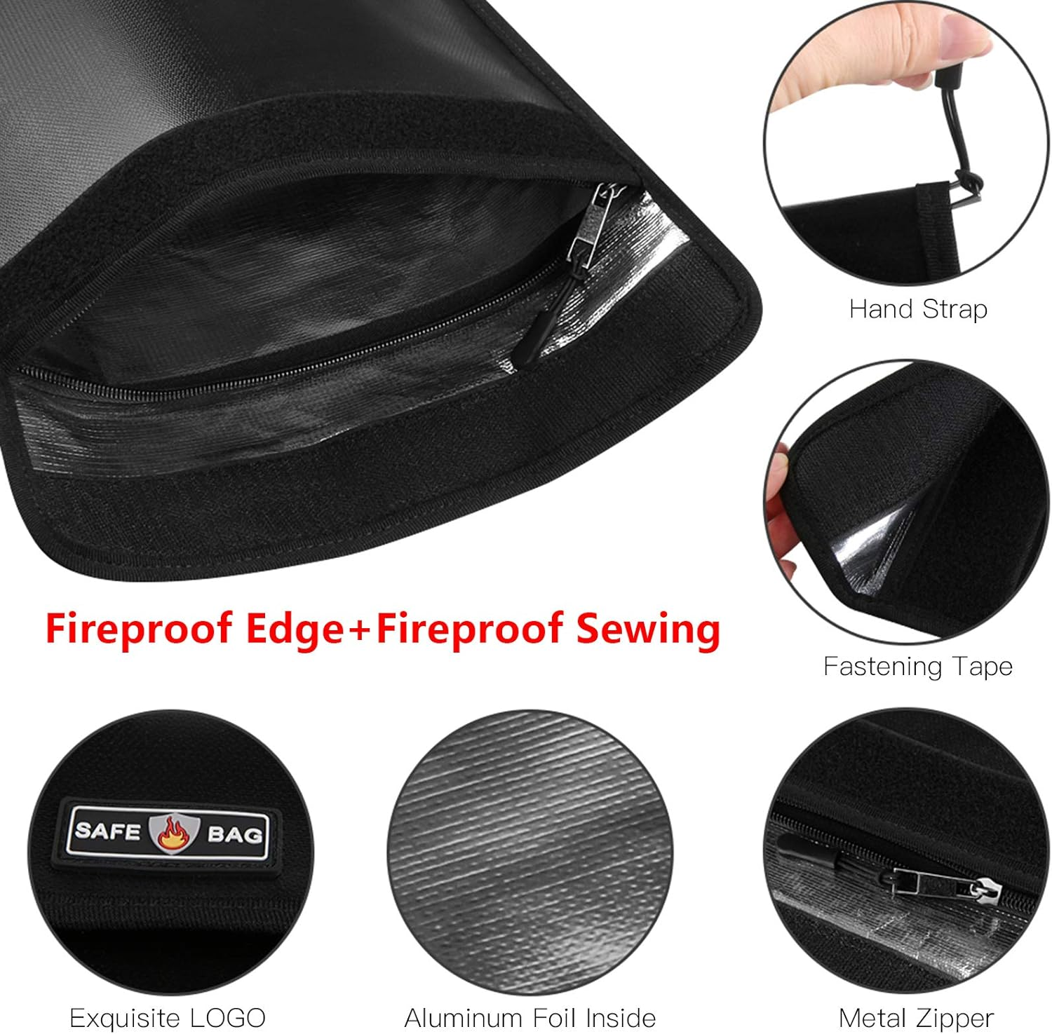 Fireproof Document Bag 13.4 10.8In Durable Safe Storage Pouch for Cash File Documents Jewelry Passport Valuables Black Silver Home Office Use (Black) - Black image number 3