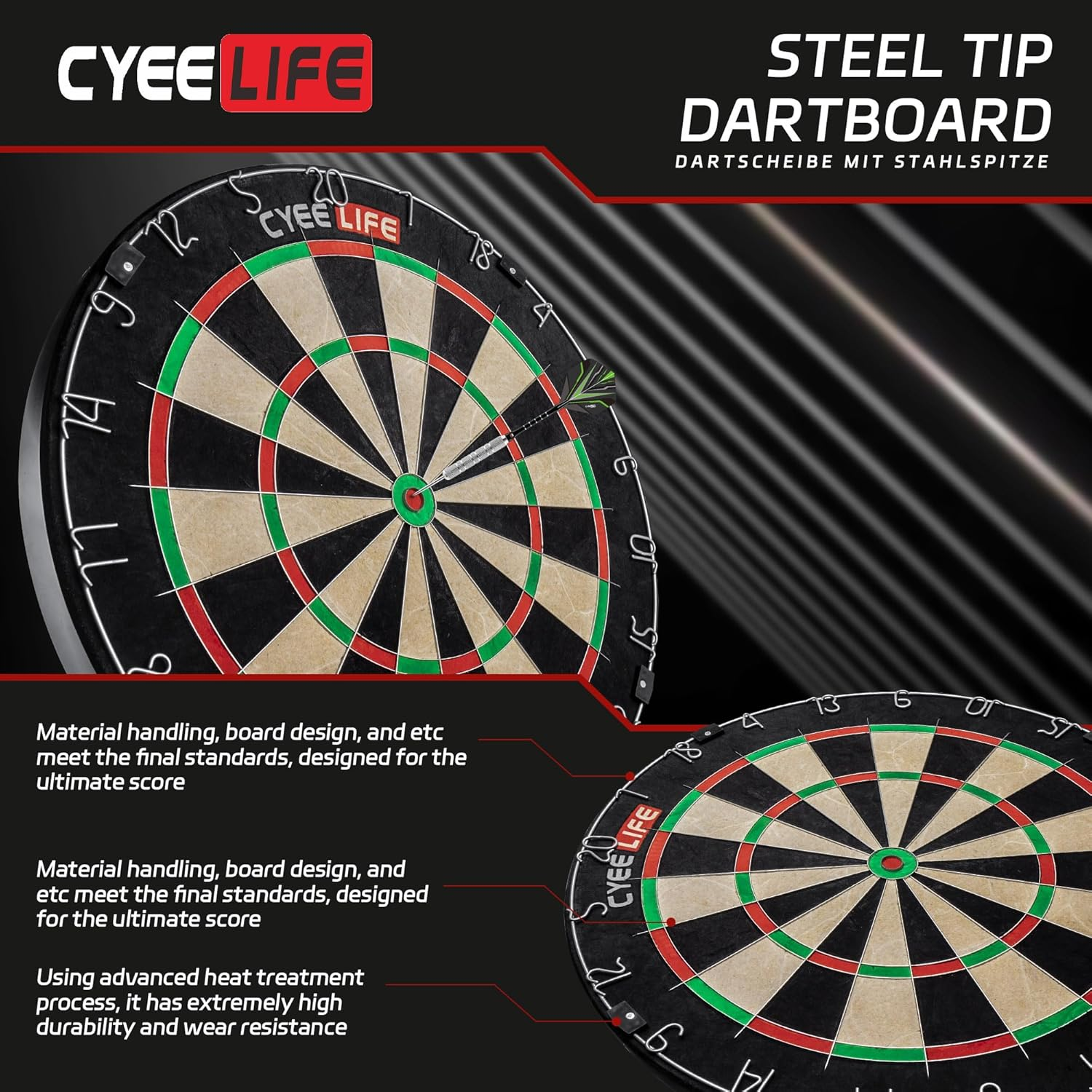 Cyeelife Wire Sisal Bristle Dartboard,Professional Steel Tip Dartboard Set with 6Pcs Metal Tip Darts and Accessories image number 4