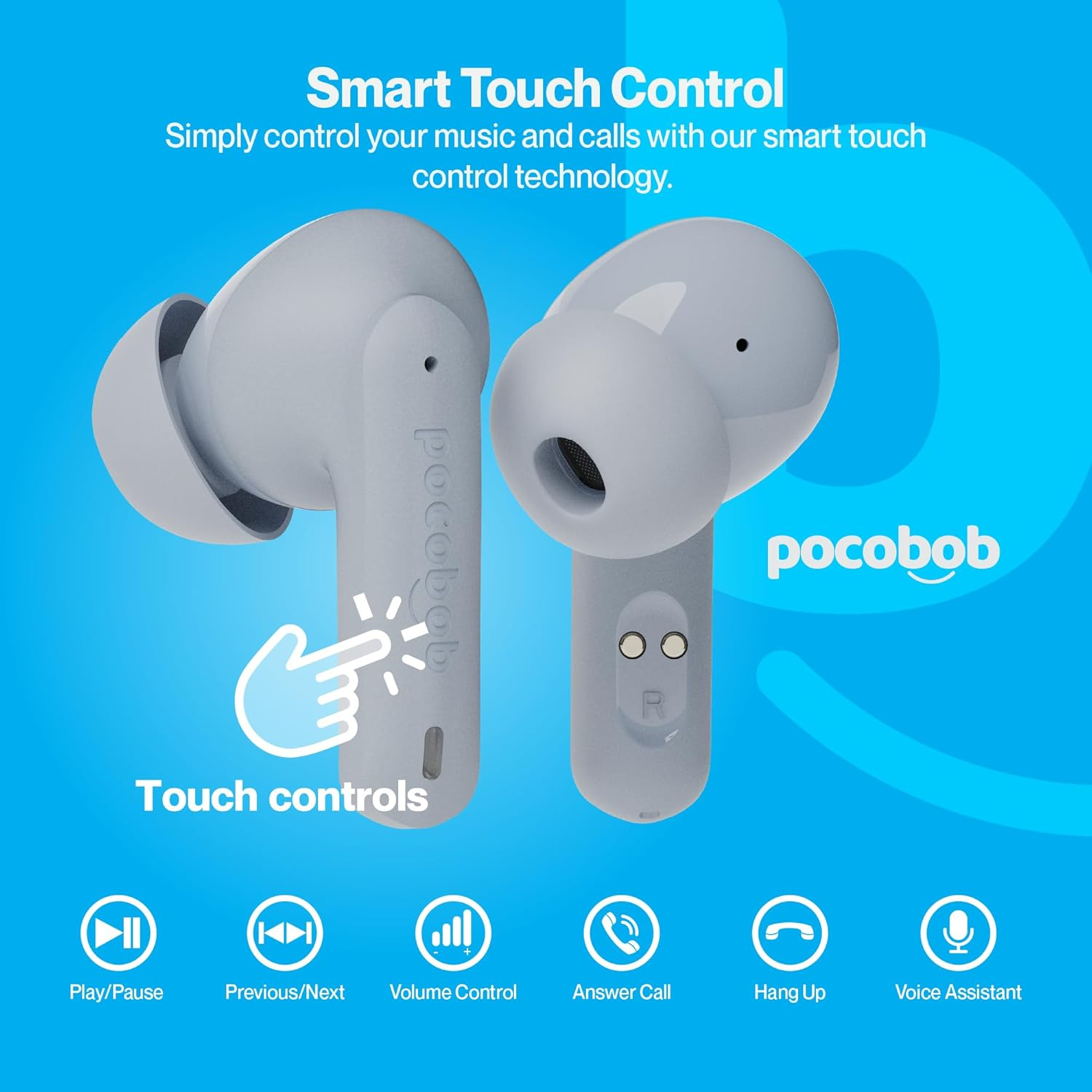 Pocobob 8 Bluetooth 5.3 In-Ear Headphones with Microphone, ENC, App Control, 32 Hours Battery, Touch, USB-C, IPX4 Water Protection, True Wireless Earbuds, Light Blue image number 3