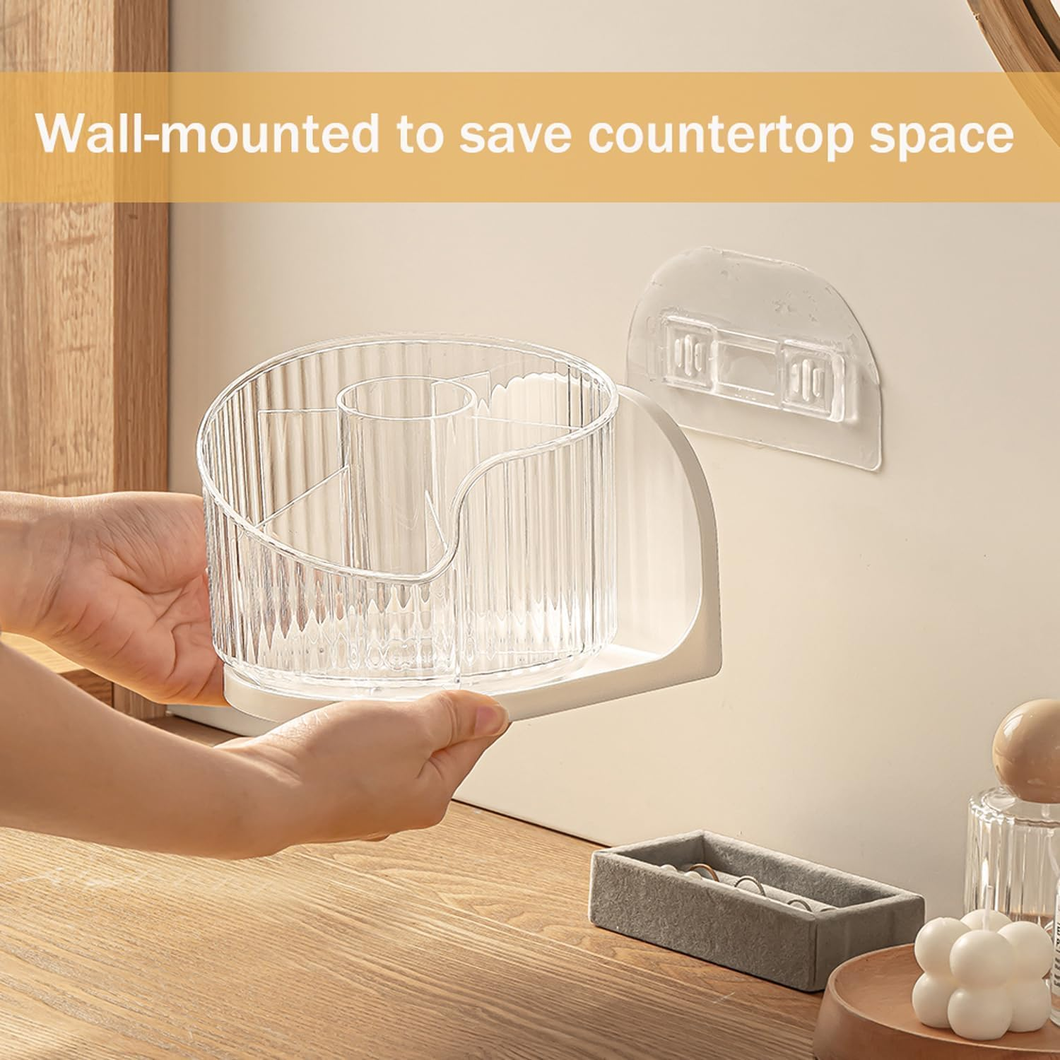 Rotatable Wall-Mounted Makeup Brush Storage Organizer, 360-Degree Spin Cosmetic Holder Eyeliner, Lipstick, Beauty Tool Rack for Bathroom (Transparent, 15 * 16 * 11.5CM) image number 4