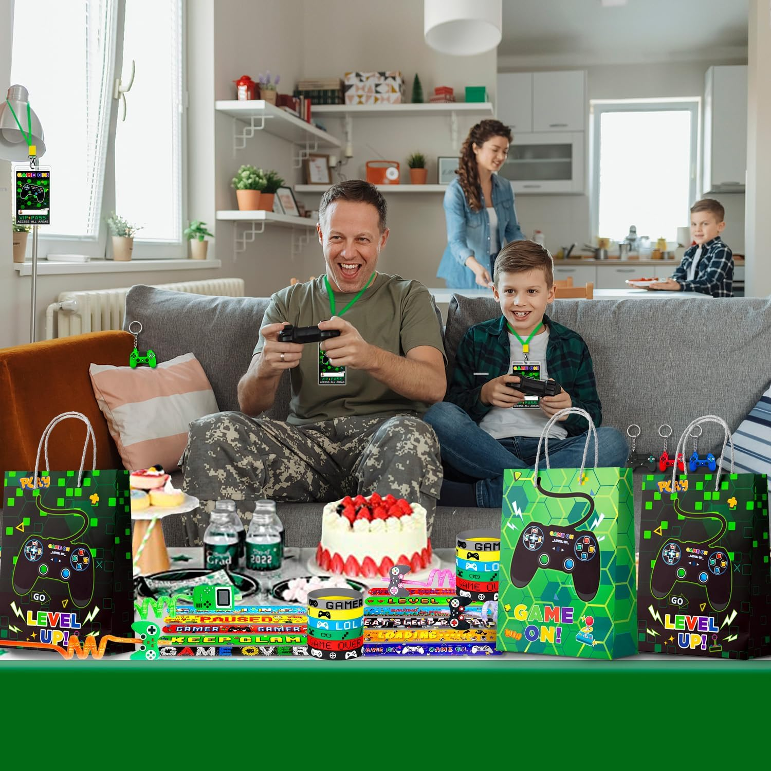 Video Game Party Favors for Kids, 110Pcs Gamer Party Favors Set Including Video Game Wristband Slap Bracelets Keychain Vip Pass Ticket & Gamer Goodie Bags Etc Gaming Party Favors for Boys image number 1