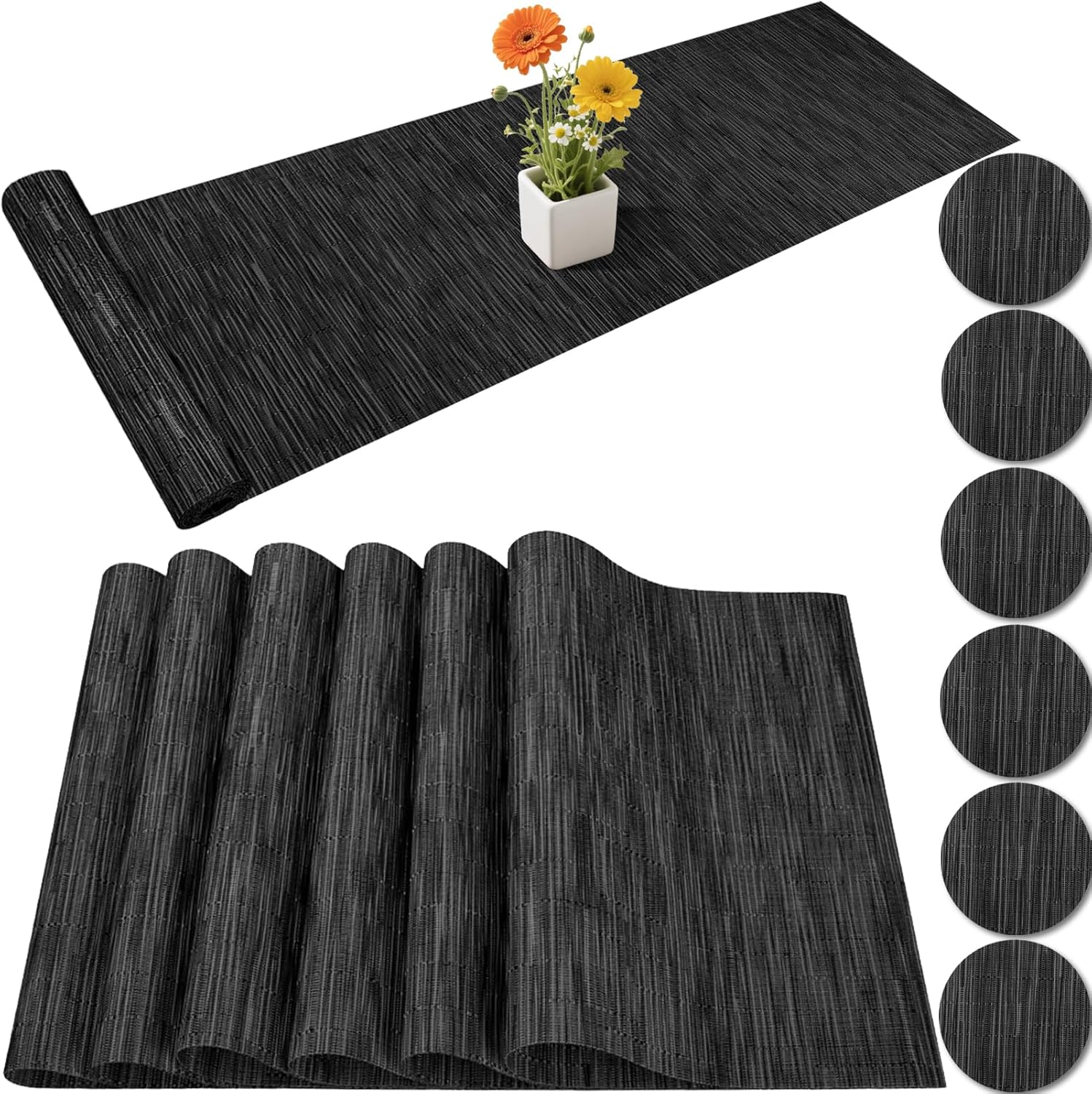 Neween Woven Placemats Set of 6 with 6 Coasters, Heat Resistant Washable Place Mats PVC Table Mats, Non-Slip Woven Vinyl Plastic Placemats for Kitchen Dining Table Easy to Clean (Black)