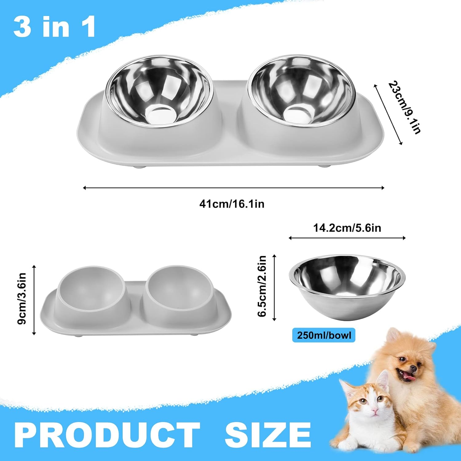 Feeding Bowl for Cats and Dogs, Double Cat Bowl, 15&deg; Tilt, Futing Bowl & Water Bowl with Stand, Stainless Steel Dog Bowl for Small Dogs image number 2