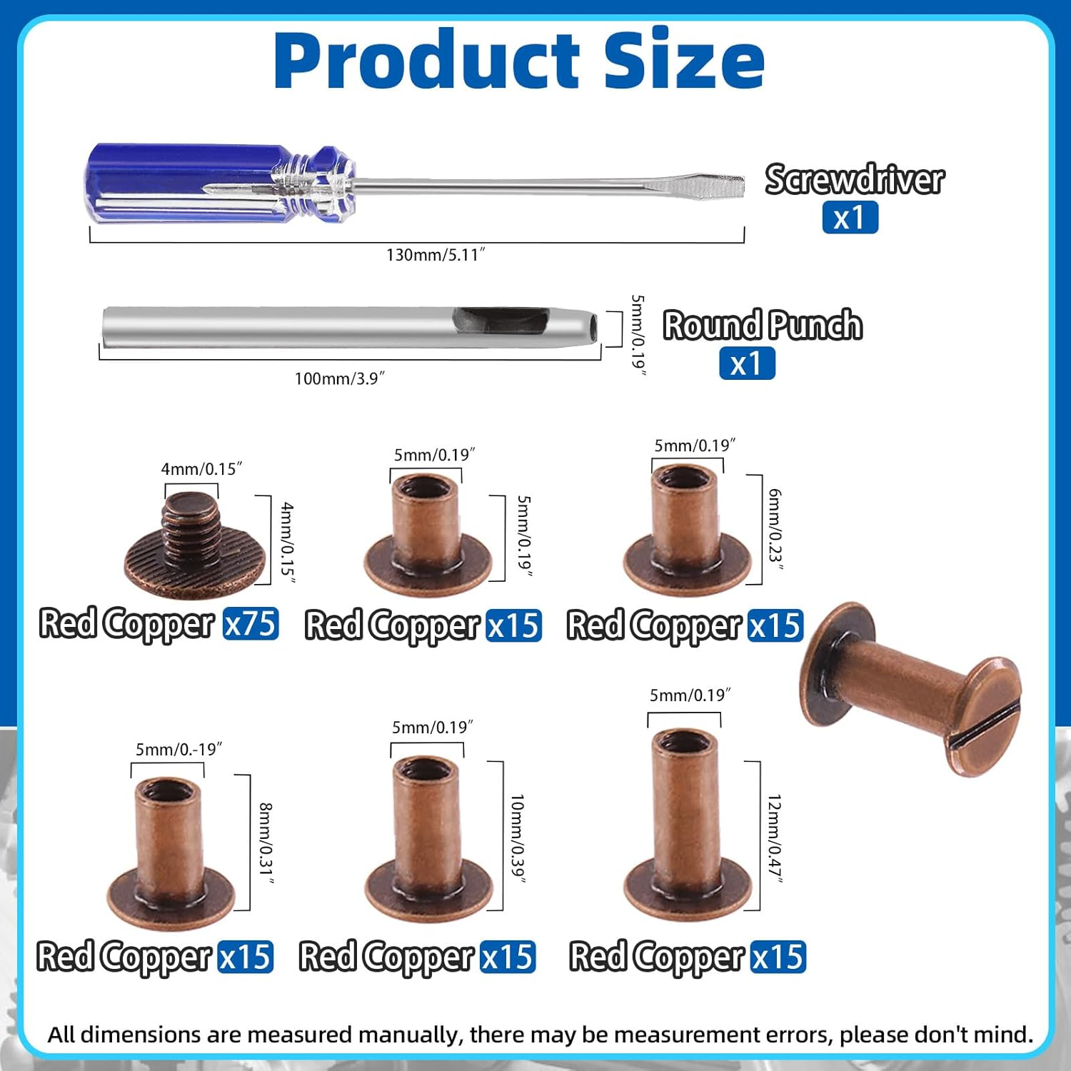 Glarks 150 Sets Red Bronze Chicago Screws Assorted Kit, M5 X 5Mm, 6Mm, 8Mm, 10Mm, 12Mm Chicago Rivets and 4X4Mm Flat Head Stud Screw, Nail Rivet Chicago Button Screw Posts Metal Accessories