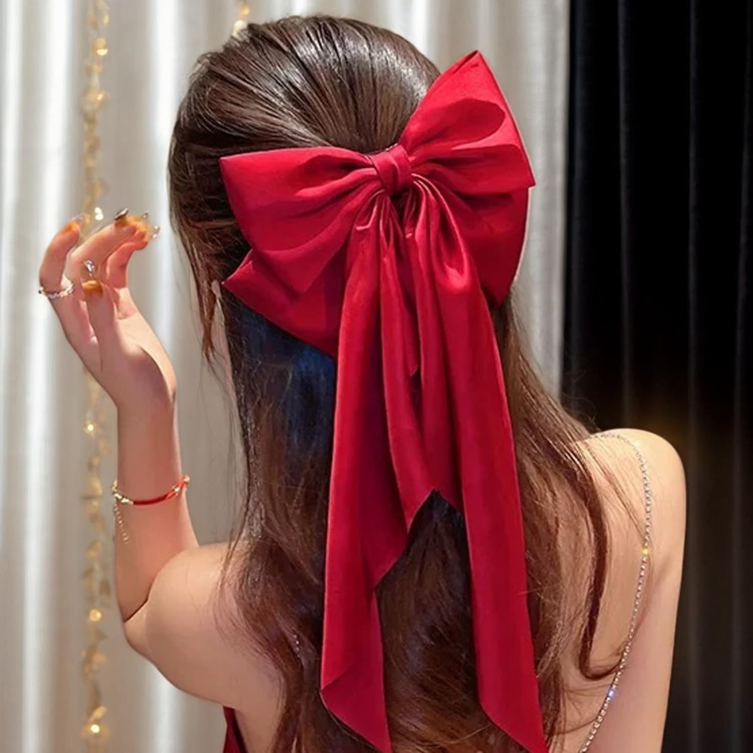 Pack of 1 Bow Hair Clip, Big Bowknot Hairpin with Long Silky Satin, Plain French Barrette for Women and Girls (Dark Green)