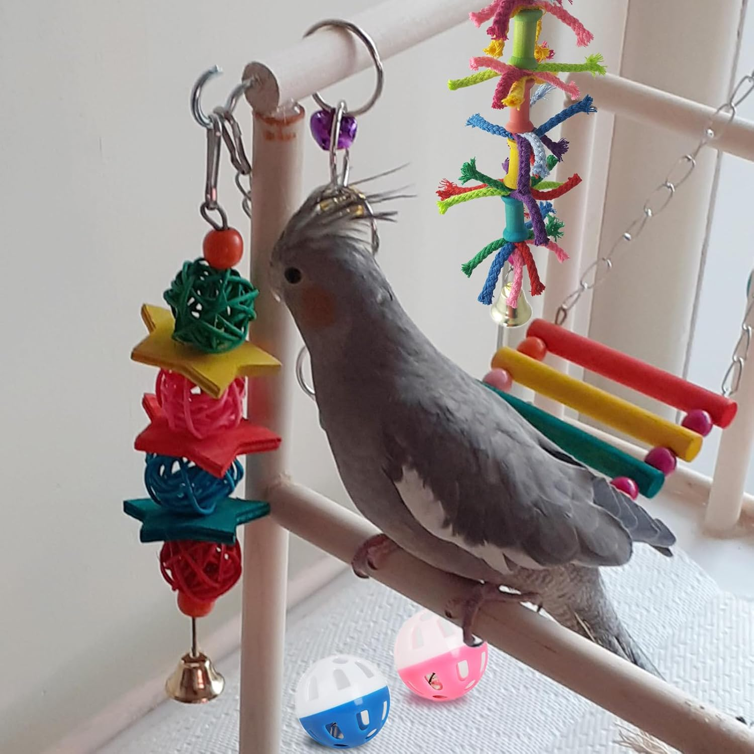 Bird Parrot Toys Set, 10 Pack Swing and Chewing Hanging Perches with Bells, for Lovebird Budgie Cockatiels Macaws Finches image number 6