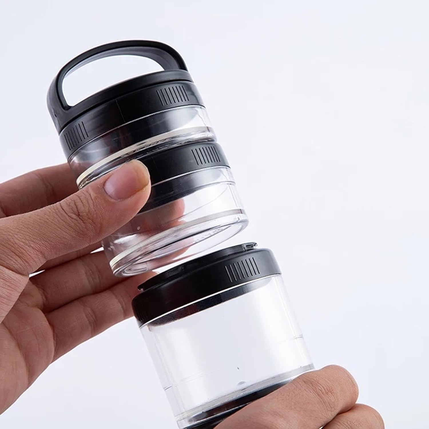 2PCS Stackable Snack Container and Protein Powder Shaker Cup, Portable Keychain with Twist Lock System, Leak-Proof for School, Travel, Workout Fitness (Black, Green) image number 1