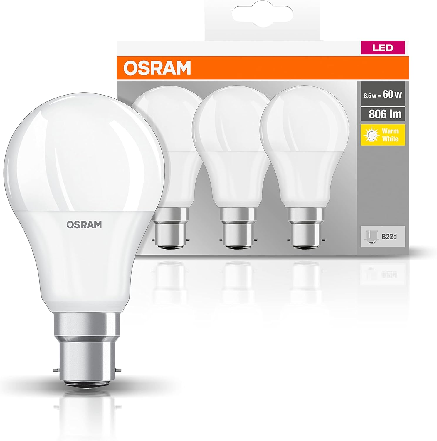 OSRAM LED Base Classic A/LED Lamp, Classic Bulb Shape, with Bayonet Base: B22D, 8.5 W, 220&hellip;240 V, 60 W Replacement, Frosted, 2700 K, 3Pack image number 3