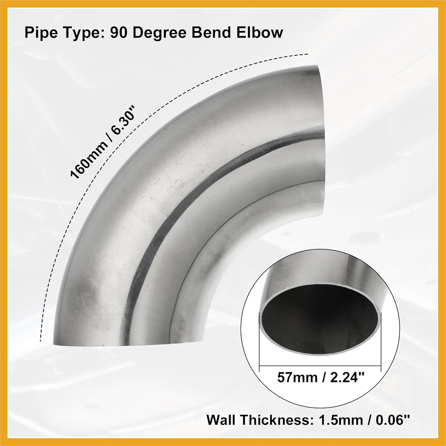 Partuto 2Pcs OD 2.25 Inch 90 Degree 1.5Mm Thickness Mandrel Bend Elbow SS304 Stainless Steel Bend Tube Exhaust Elbow Pipe for Car Modified Exhaust System