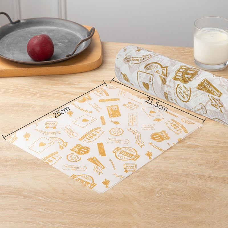 100 Sheets Food Grade Wrap Paper, Betterjonny Baking Wrapping Paper Deli Wax Sheets Wrap Paper Food Basket Liners Sandwich Paper Greaseproof for Kitchen Home Holiday Party Decor (21.5 X 25Cm) image number 5