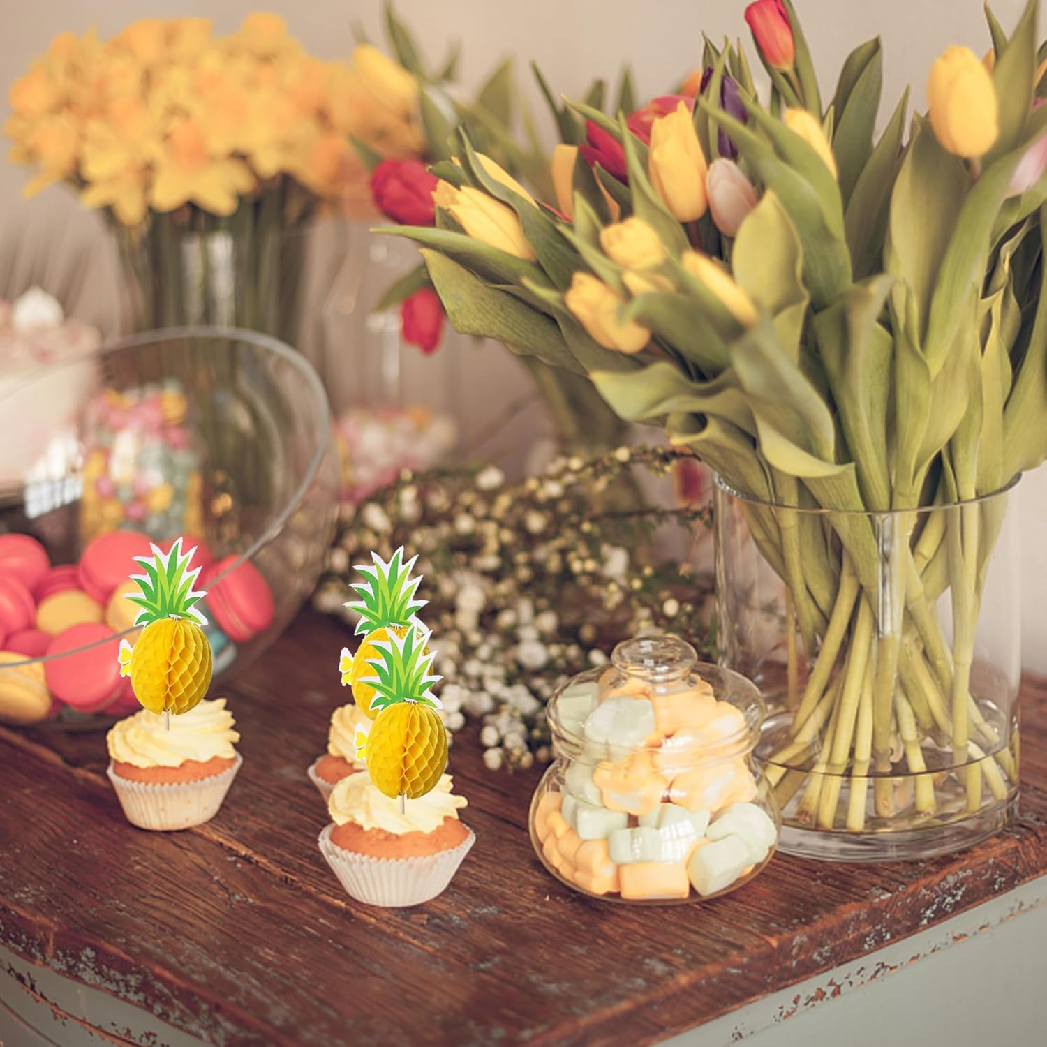 SYKYCTCY 50 Pack 3D Pineapple Cupcake Toppers Cocktail Tropical Aloha Luau Cupcake Picks Flamingo Summer Hawaiian Beach Cupcake Decorations for Baby Shower Birthday Wedding Party Supplies