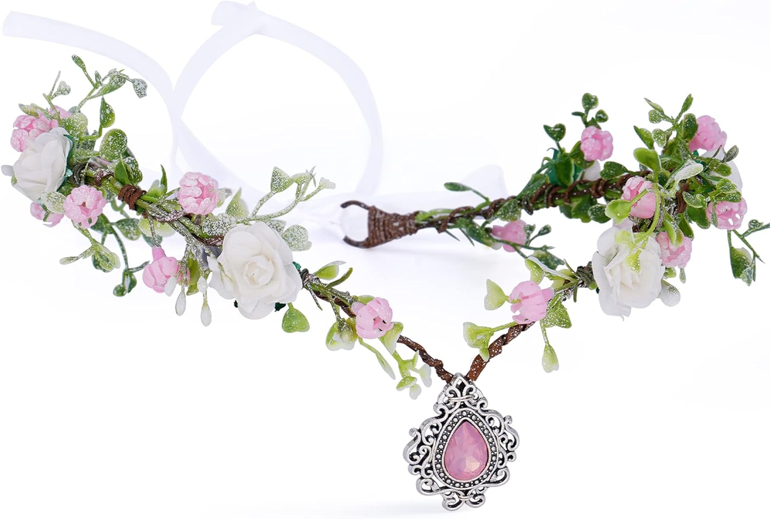 MOSTORY Woodland Fairy Flower Crown Girl - Floral Elf Headpiece with Crystal V-Shape Elven Tiara Handmade for Women Bridal Variable Size Wreath Headband for Cosplay Halloween Christmas Party Wedding