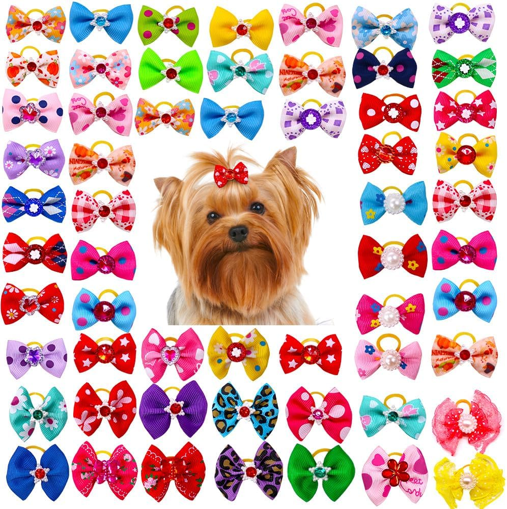 Aoozleny Cute Puppy Hair Bows with Rubber Bands - 30PCS Cute Puppy Dog Small Bowknot Hair Accessories, Handmade, Perfect for Pet Grooming（Random Color） (A)