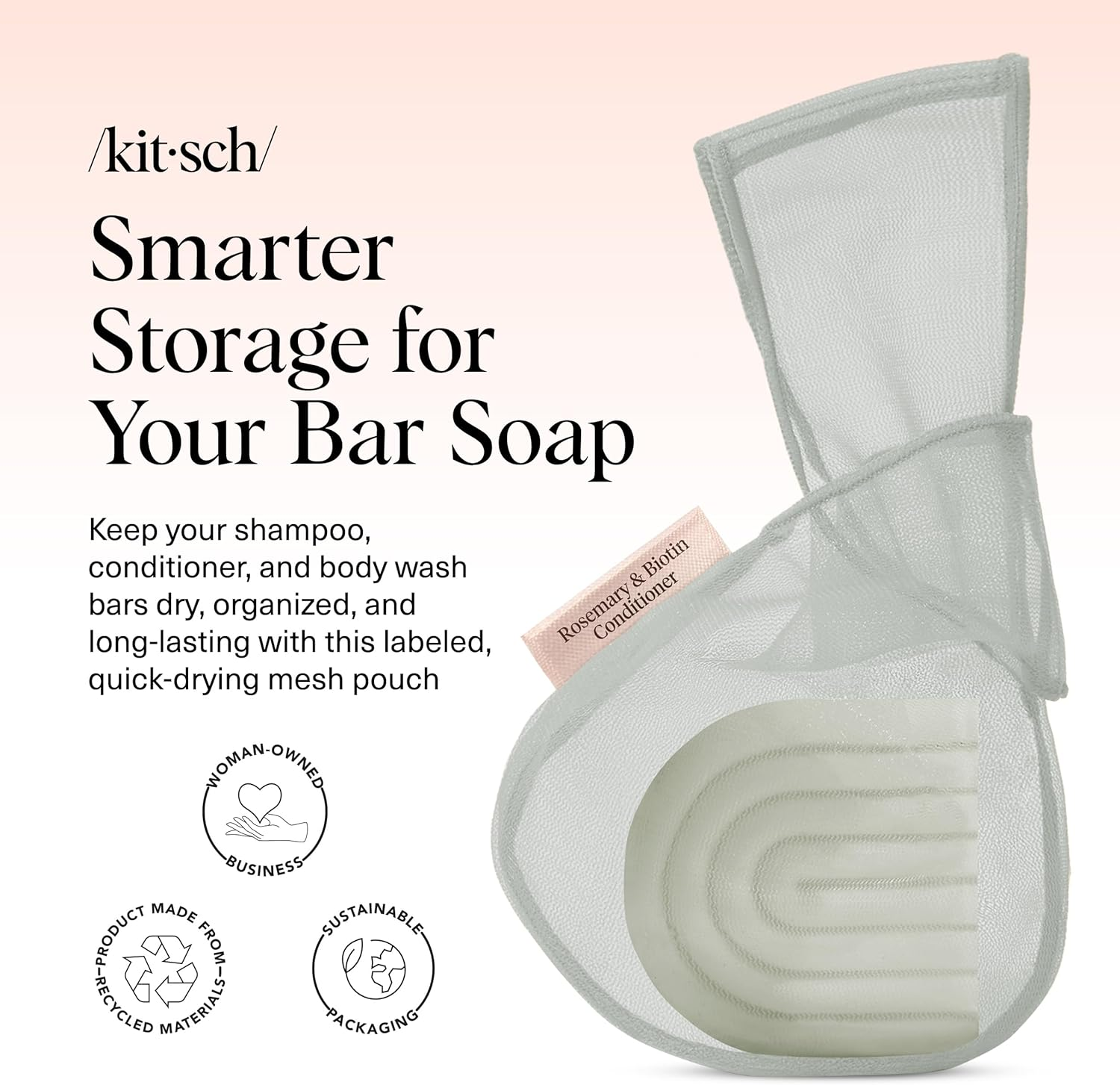 Kitsch Bar Soap Saver Bag - Patented Mesh Bag Soap Holder for Rosemary & Biotin Conditioner Bar with Tag Identifier - Extends Use & Prevents Soggy Mess - Recycled Mesh Beauty Pouch, Eco-Friendly image number 4