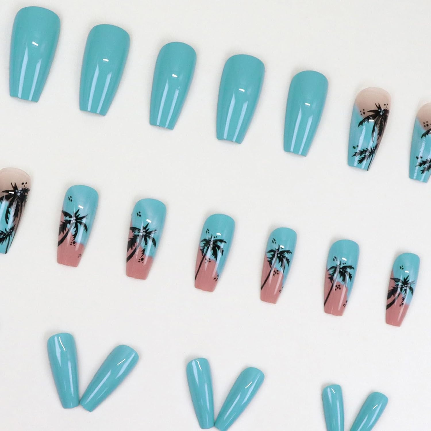 24 Pcs Coconut Tree Fake Claws Gradient Faux Glossy Full Cover Stick on Long Press On