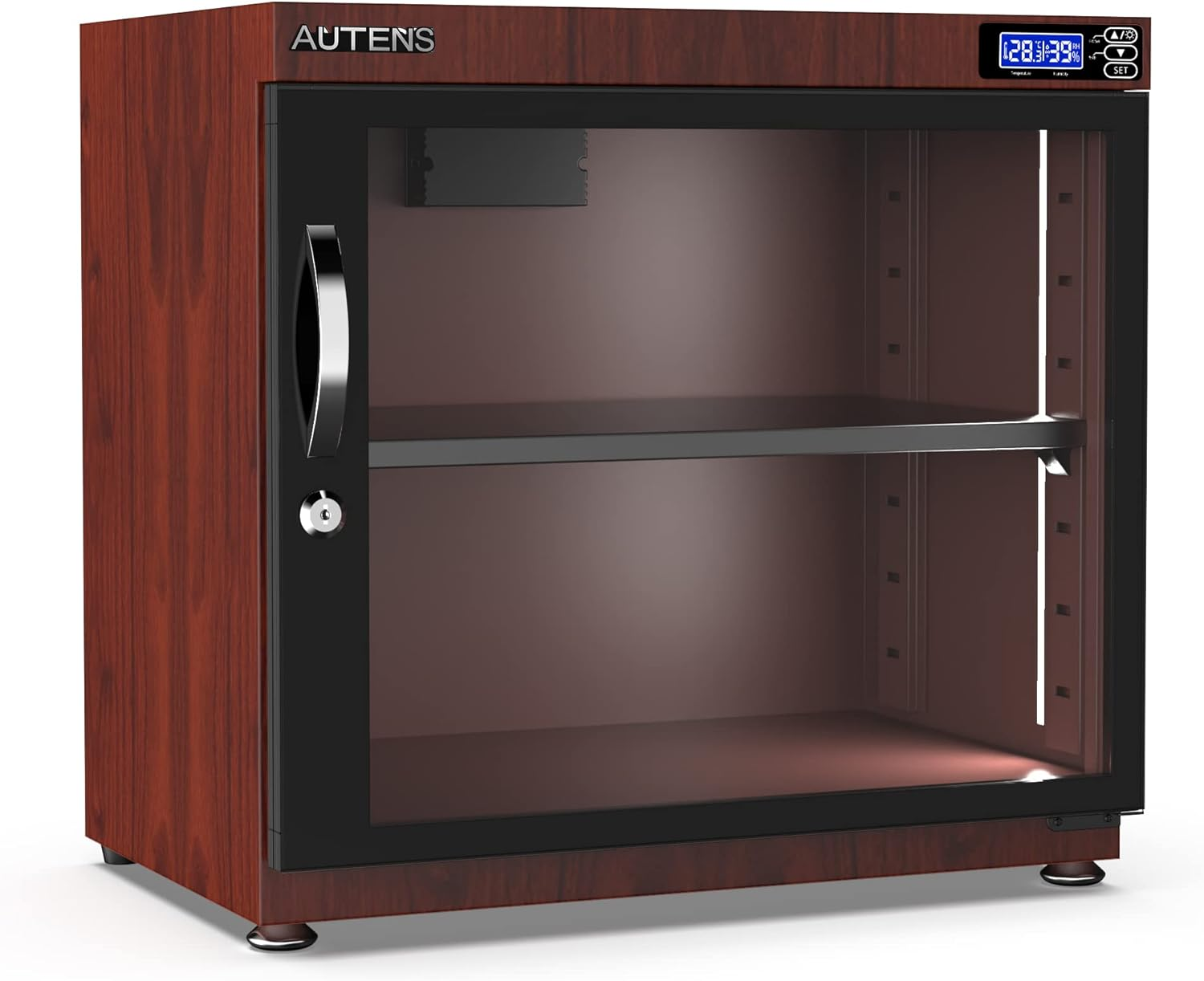 AUTENS 80L Dehumidifying Dry Cabinet Box, Wood Grain Design Digital Control Noiseless and Energy Saving, for Camera Lens and Electronic Equipment Storage,Temperature Humidity LED Dual Screen image number 2