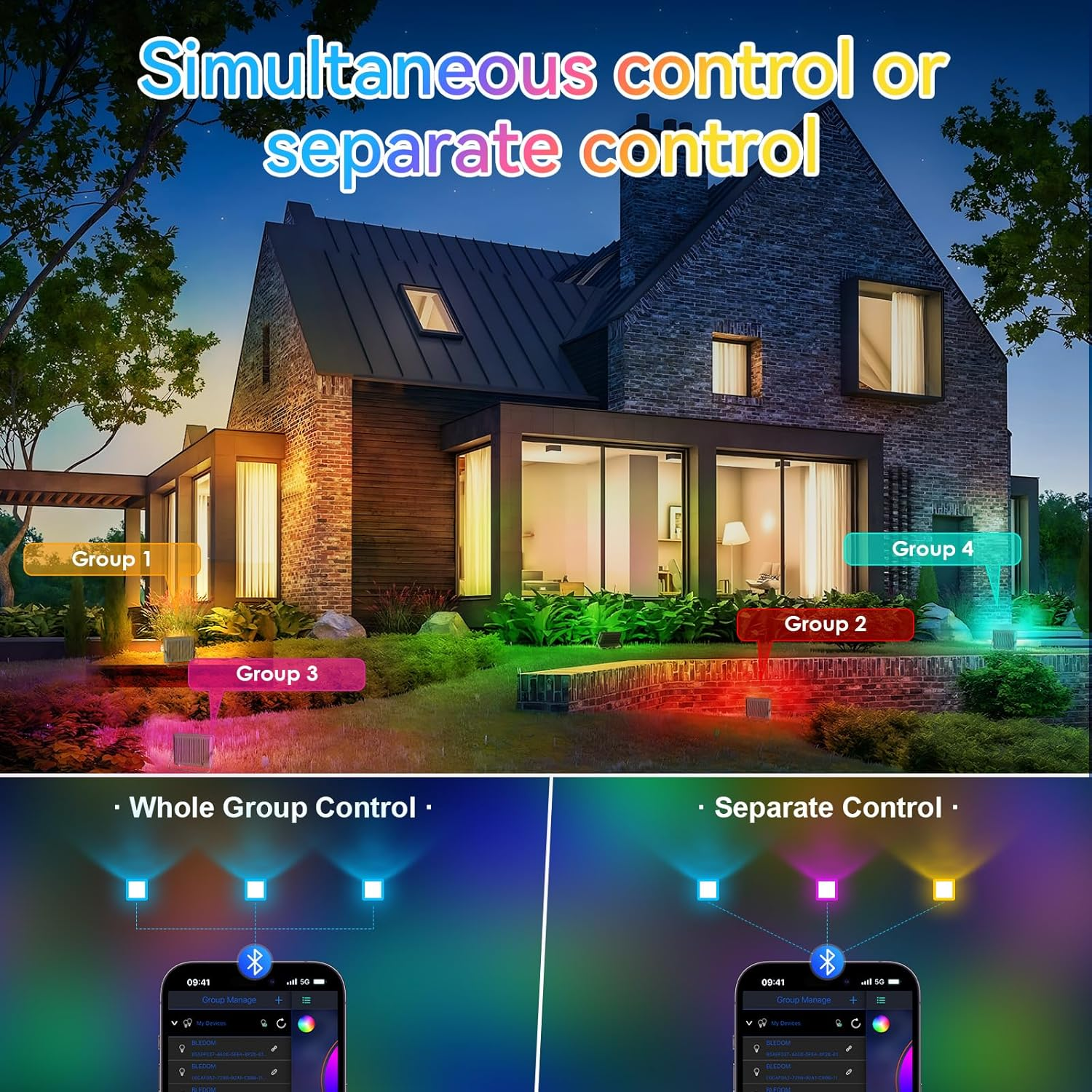 MEEKBOS 2-Pack RGB LED Flood Lights Outdoor,Color Changing Flood Lights,100W (800W Equivalent),10000Lm, Works with Bluetooth App or 2.4G Remote,Ip66 Waterproof,16 Million Colors, Timing, Music Sync image number 6