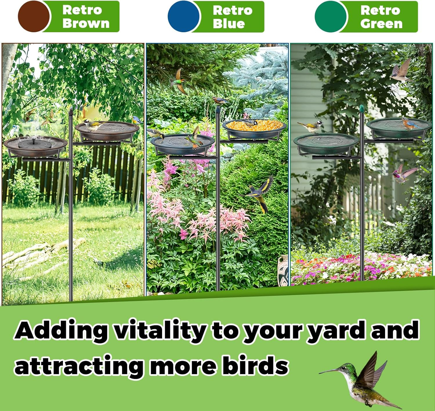 Veyfolzin.St Bird Bath Bowl Standing, 2-In-1 Bird Bath for Outdoor Garden with Double Basin for Water and Food, Metal Birds Bird Basin for Garden Decoration (Old Green) image number 3