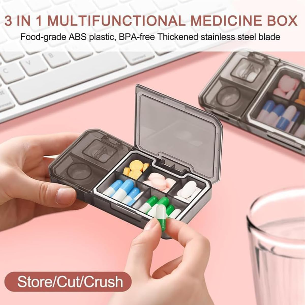 Travel Medicine Pill Organizer with Cutter Crusher, Large Capacity 5 Compartment Pill Crusher Pill Box,Hold Vitamins Medication Supplements image number 2