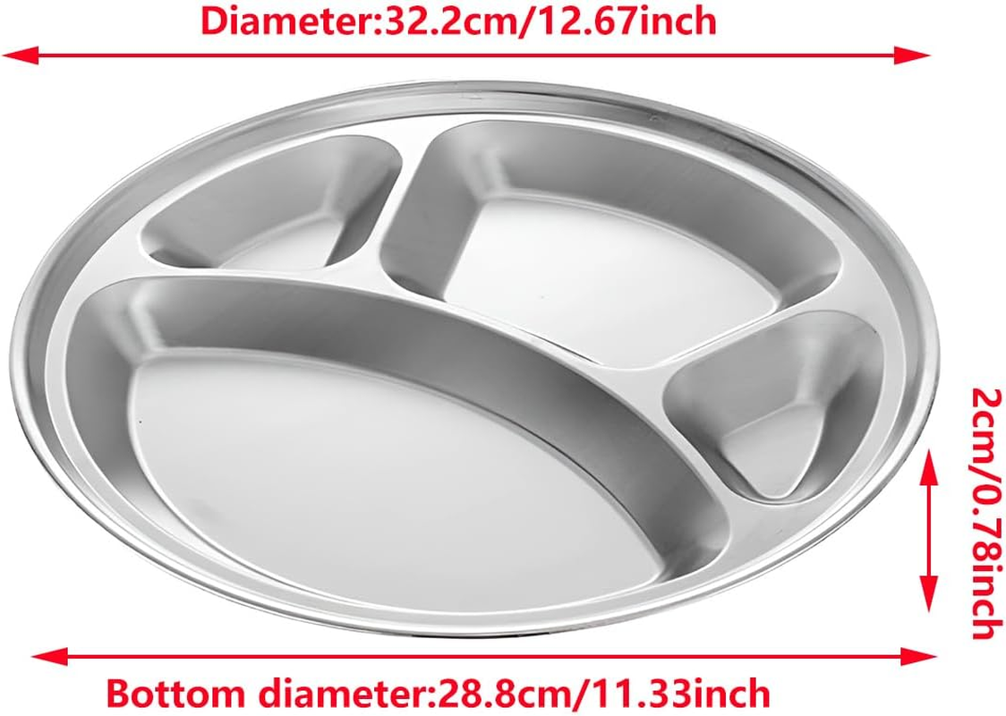 AIMALL 4Pcs Stainless Steel round Dinner Plate - 12.67In Divided 4-Compartment Plate, Durable Fast Food Tray with Mirror Polishing, Ideal for School, Cafeteria, or Home Use image number 1