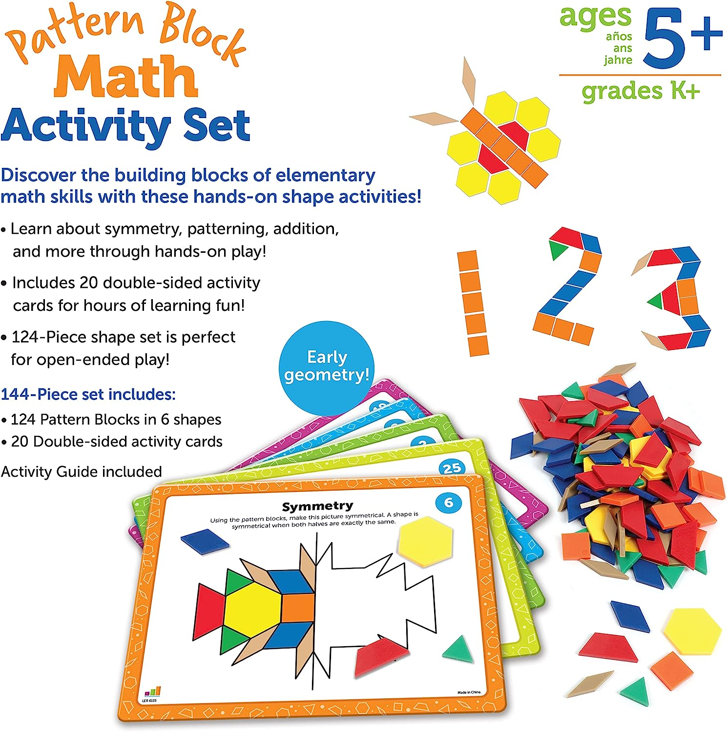 Learning Resources Pattern Block Math Activity Set, Math Games for Kids, Educational Games, Preschool Math, Montessori, 144 Pieces, Age 5+