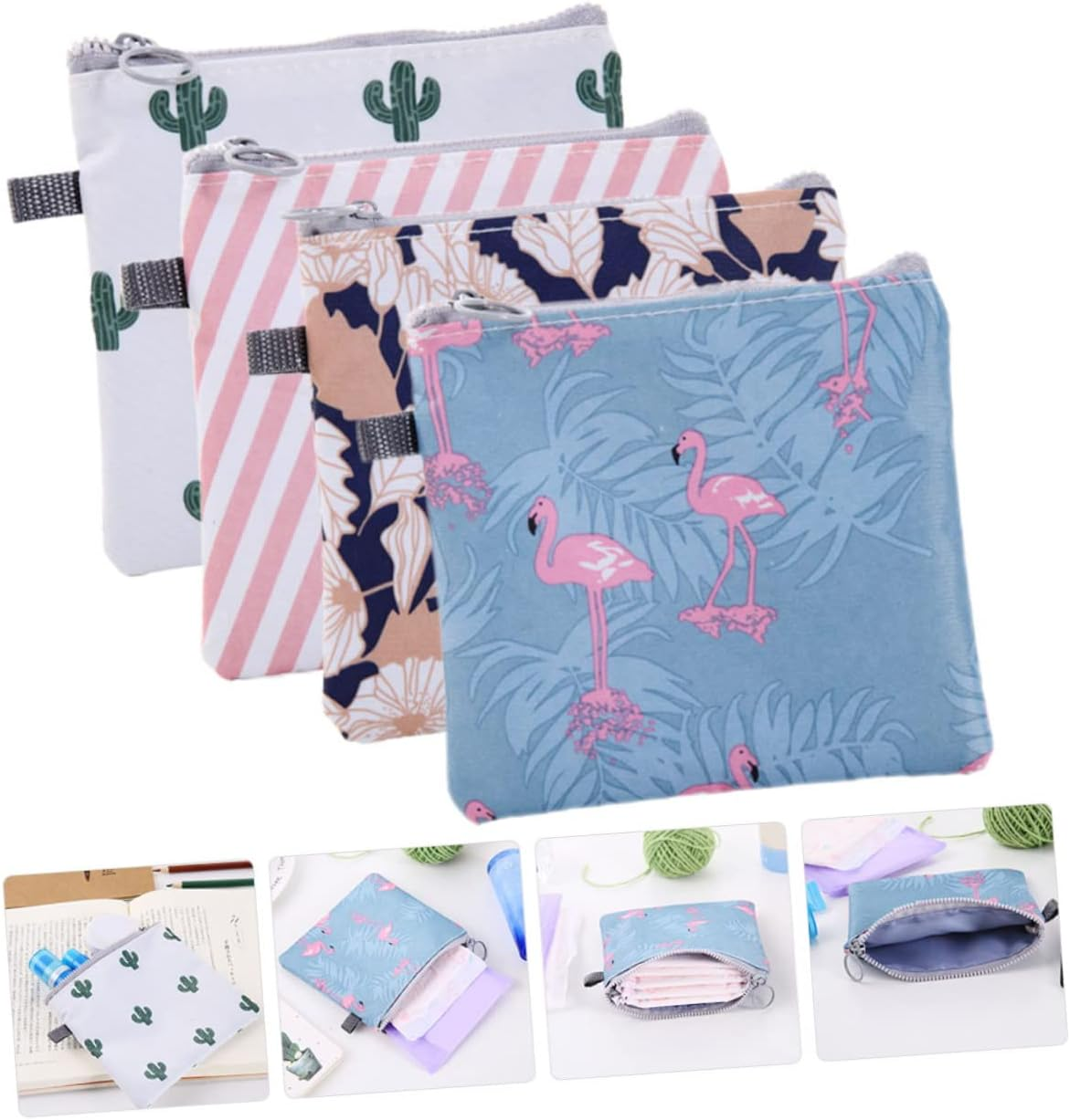 CTIRCHIU 4Pcs Zipper Period Bags Portable Sanitary Napkin Storage Pouches with Cute Cactus Flamingo Stripe Floral Designs Tampon Holder for Purse Travel Essentials image number 2