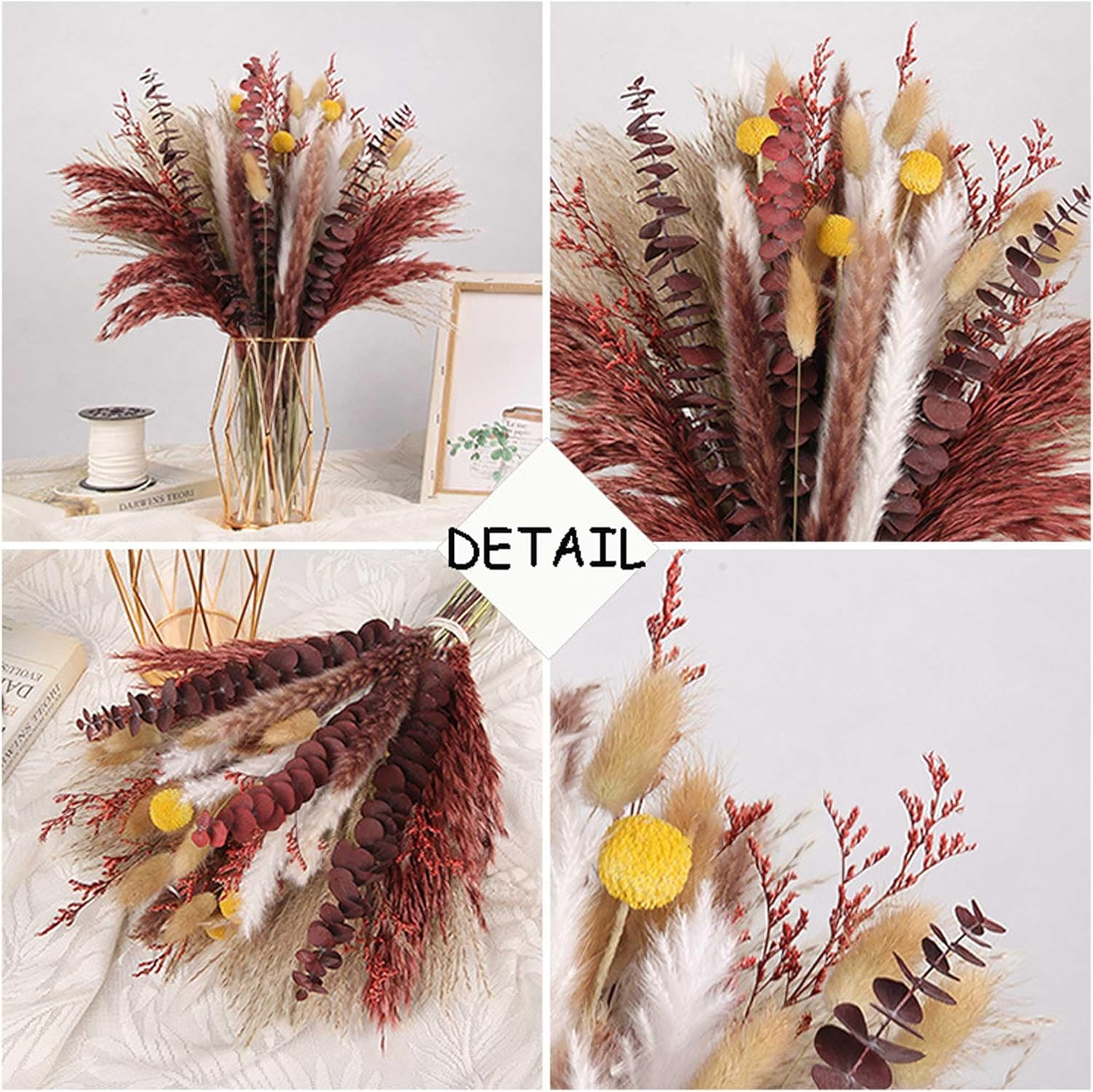 ZAUIBDUU Tall Natural Dried Flowers Dry Pampas Grass Home Dining Table Decor (110Pcs Style)