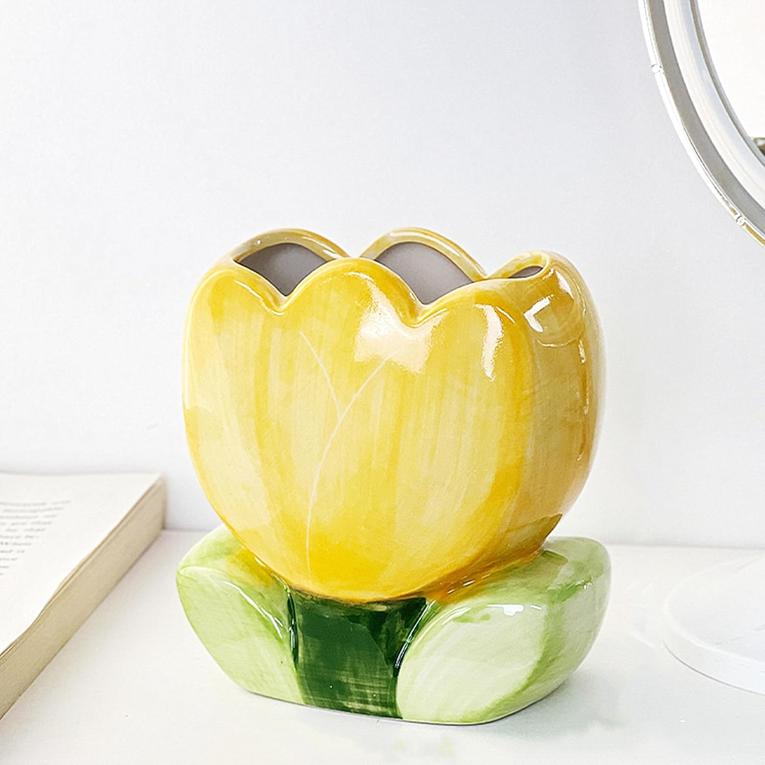 TANG SONG Ceramic Tulip Make up Brush Holder Flower Cosmetic Storage Box Pen and Pencil Holder Desktop Organizers (Yellow) image number 1