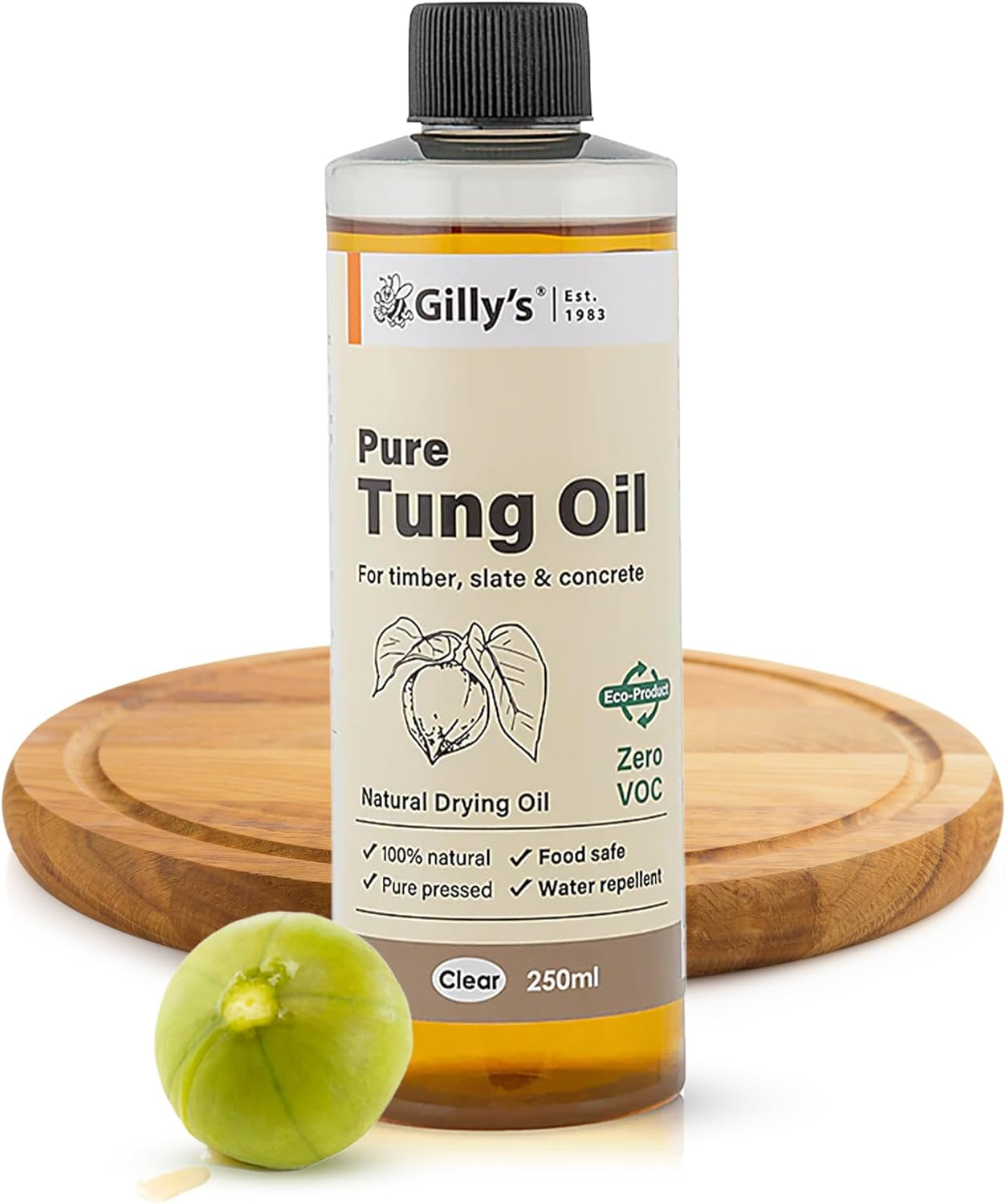 Gilly&rsquo;S Pure Tung Oil 250Ml | Seals & Protects, Food Safe for Non-Toxic Application, Indoor/Outdoor Furniture, Timber, Woodworking & Kitchen Surfaces | Natural, No Additives or Petrochemicals