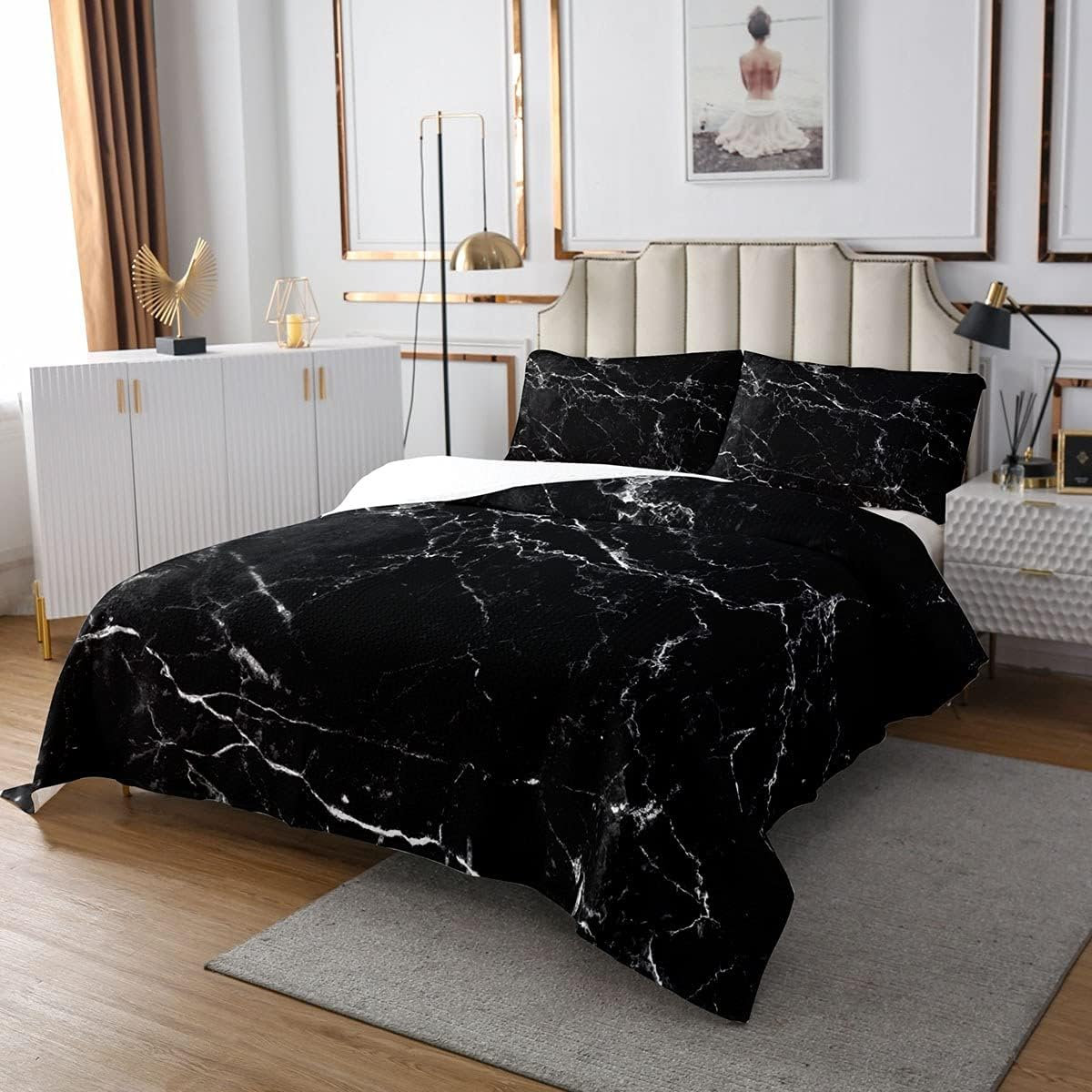 Marble Bedspread Set 240 X 260 Cm, Black Grey Geometric Gold Plaid Bed Linen Set, Modern Luxury Diamond Quilt Set with Metallic Stripe Printed Beehive Hexagon Grid Coverlet Set, Honeycomb