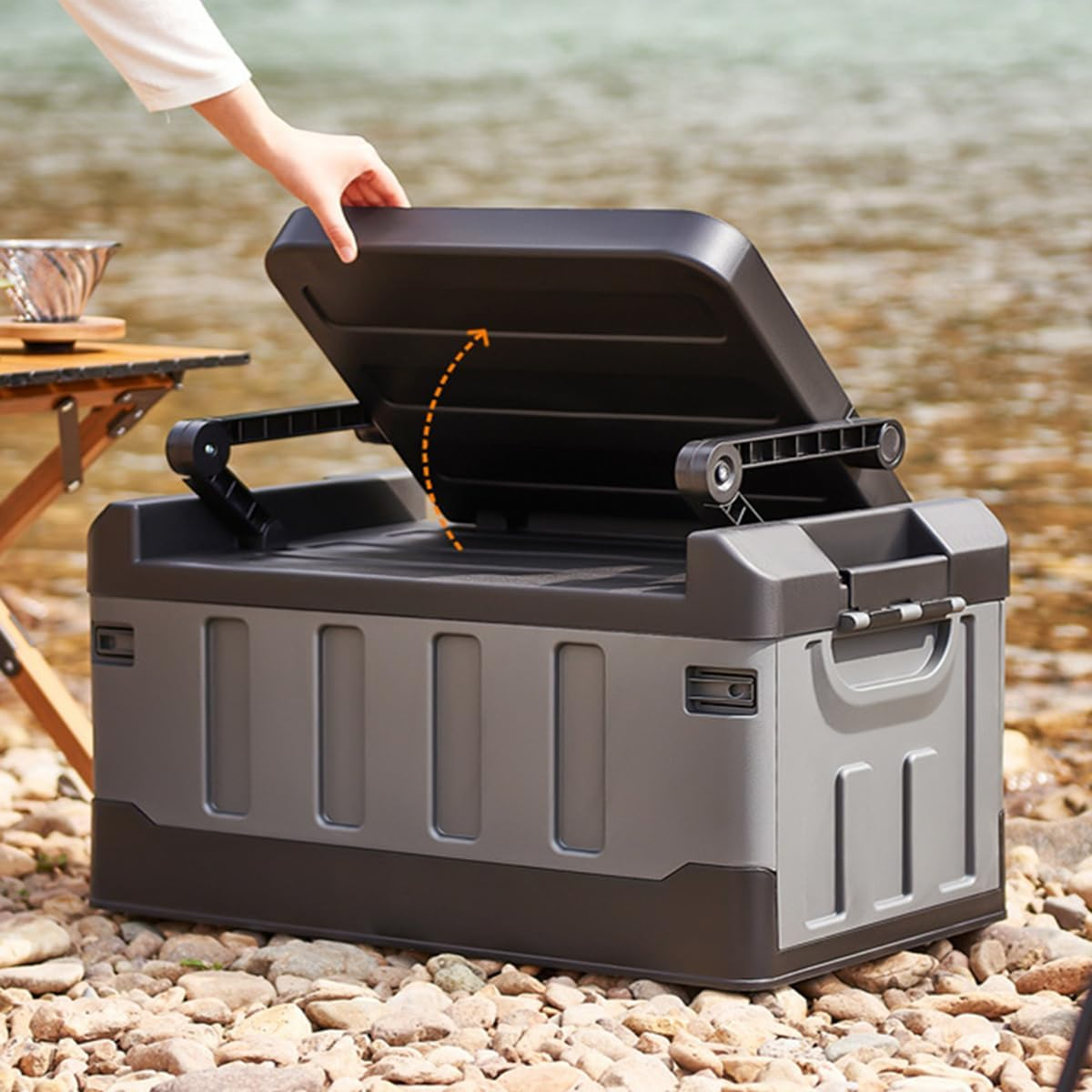 AIMALL Folding Storage Box with Seat, Large Capacity 23.4X14.2X25.4 Inch Organizer, Collapsible Container with 200Kg Load Capacity for Home and Outdoor Use