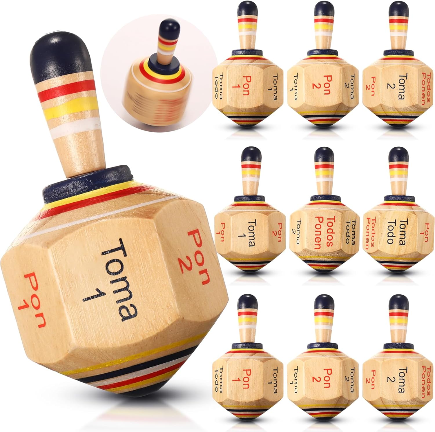 Poen 5 Pieces Large Wooden Toma Todo Bulk, 4.5 Inch Classic Mexican Wood Spinning Top Game for Kids and Adults, Pirinola Toma Todo Party Games for Mexican Fiesta Party Cinco De Mayo Family Game image number 1