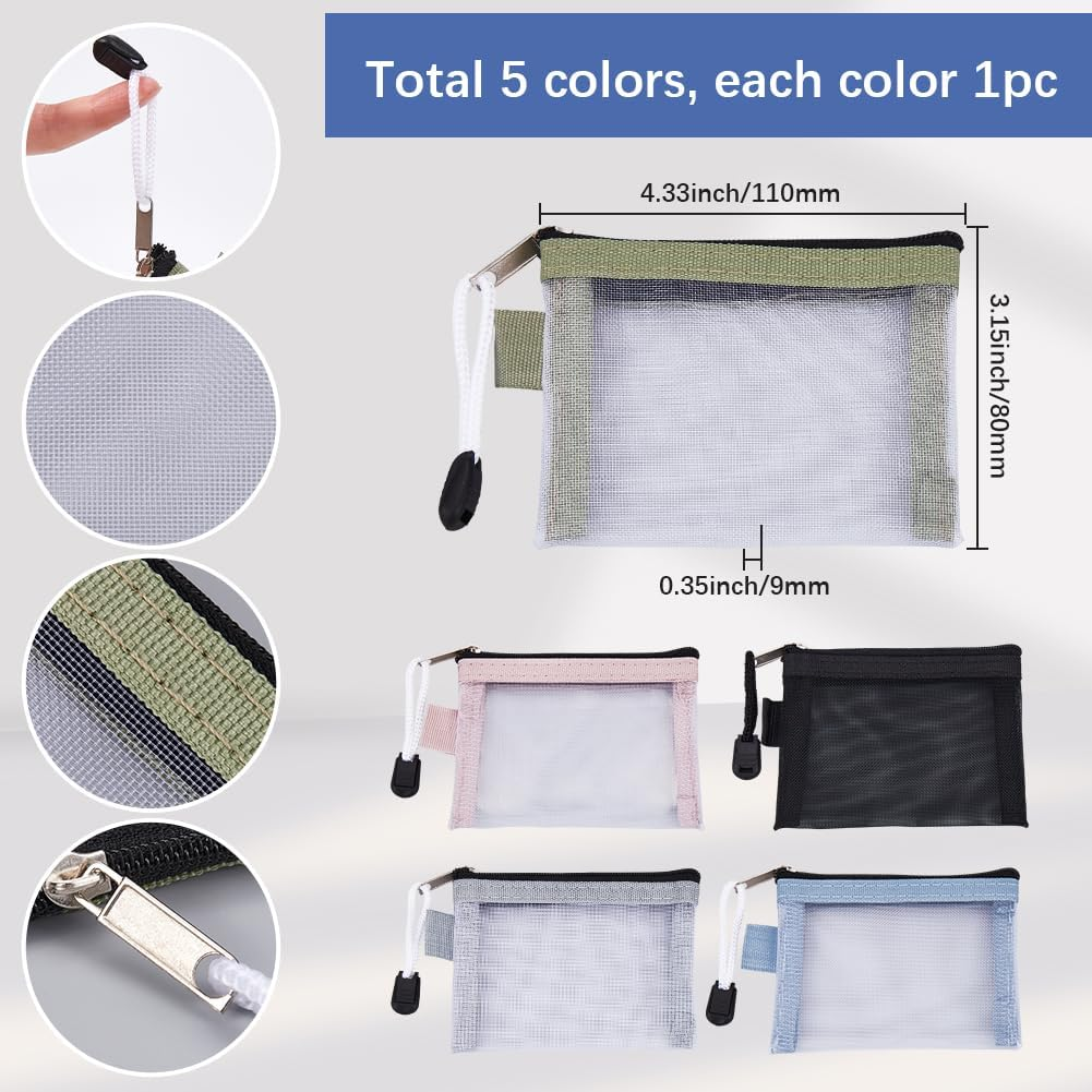 SOFPLATE 5Pcs 5 Colors 3 X 4.5 Inch Mini Zipper Mesh Bags Cosmetic Mesh Pouch Travel Nylon Portable Makeup Toiletry Bag Organizer Key Card Holder for Purse Home Office Lipstick Brushes Coin Women image number 1