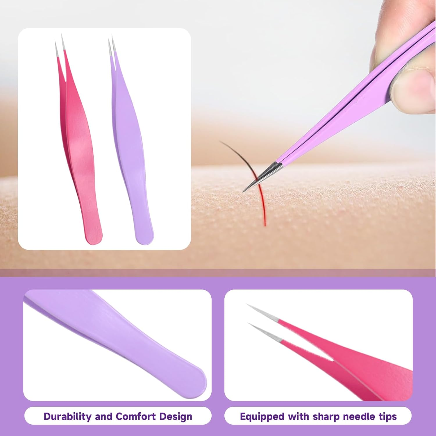 Xlihdzum 2 Pack Fine Point Tweezers for Women and Men - Precision Tweezers for Splinter/Tick/Facial/Brow Removal, Sharp Needle Nose Surgical Tweezers for Ingrown Hair (Purple & Pink) image number 1
