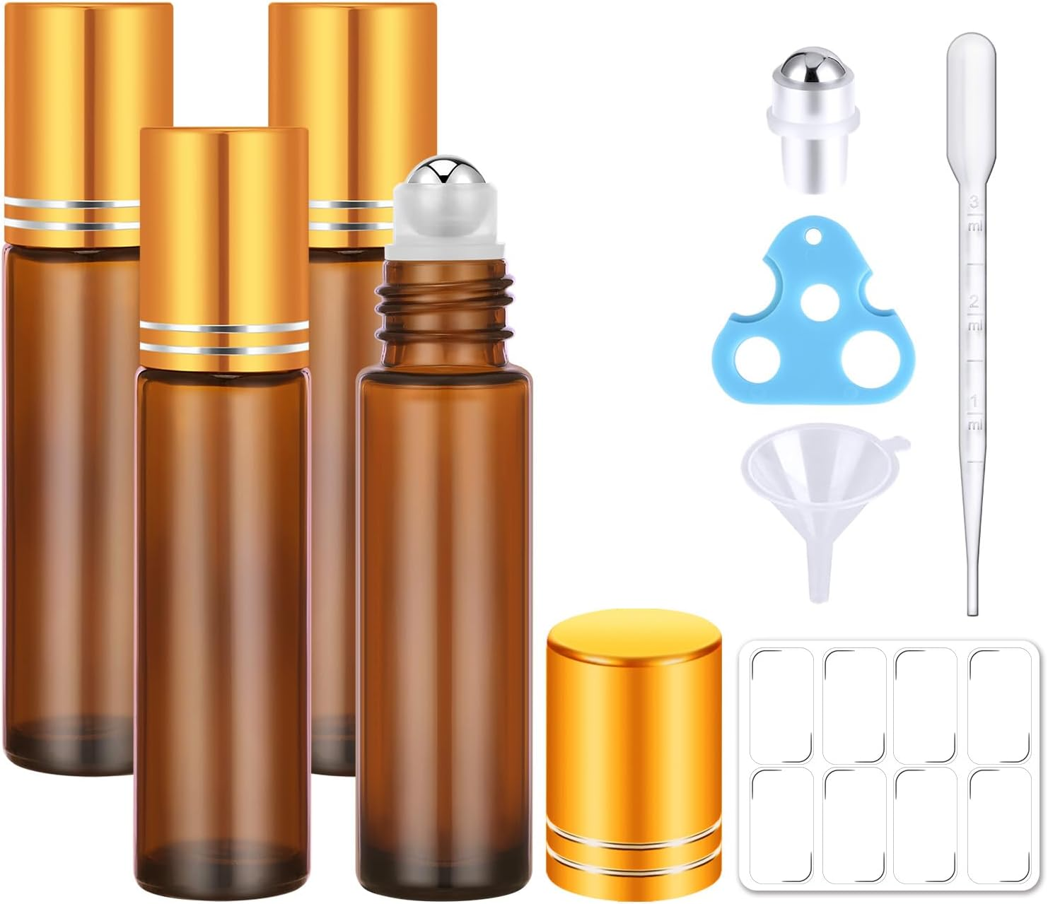 4 Pack, Essential Oil Roller Bottles, Amber Glass Roller Balls for Essential Oils, 10Ml Empty Rollerball Bottles for Travel Refillable Roll on Perfume Bottles with Caps image number 5