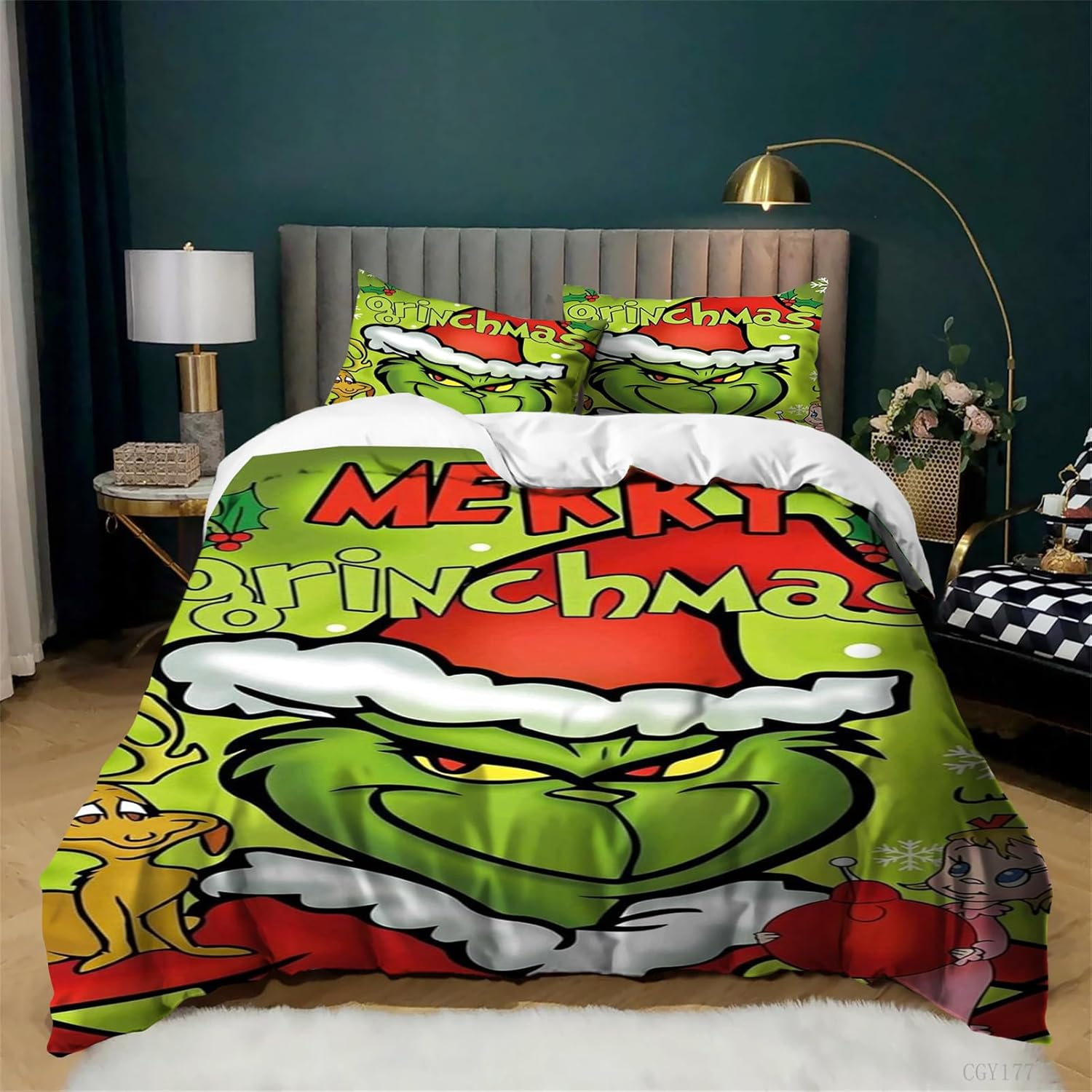 The Grinch Duvet Cover Bedding Set 3 Pieces Soft Breathable Comforter Set Lightweight All Season 1 Duvet Cover with 2 Pillow Shams