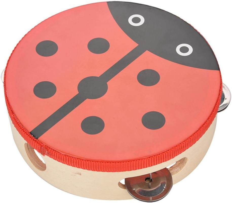 Handheld Tambourine, Cute Patterns 15Cm Tambourine Wood, Parties and Kids Games for Sing or Dance Accompaniment(Beetle) image number 6