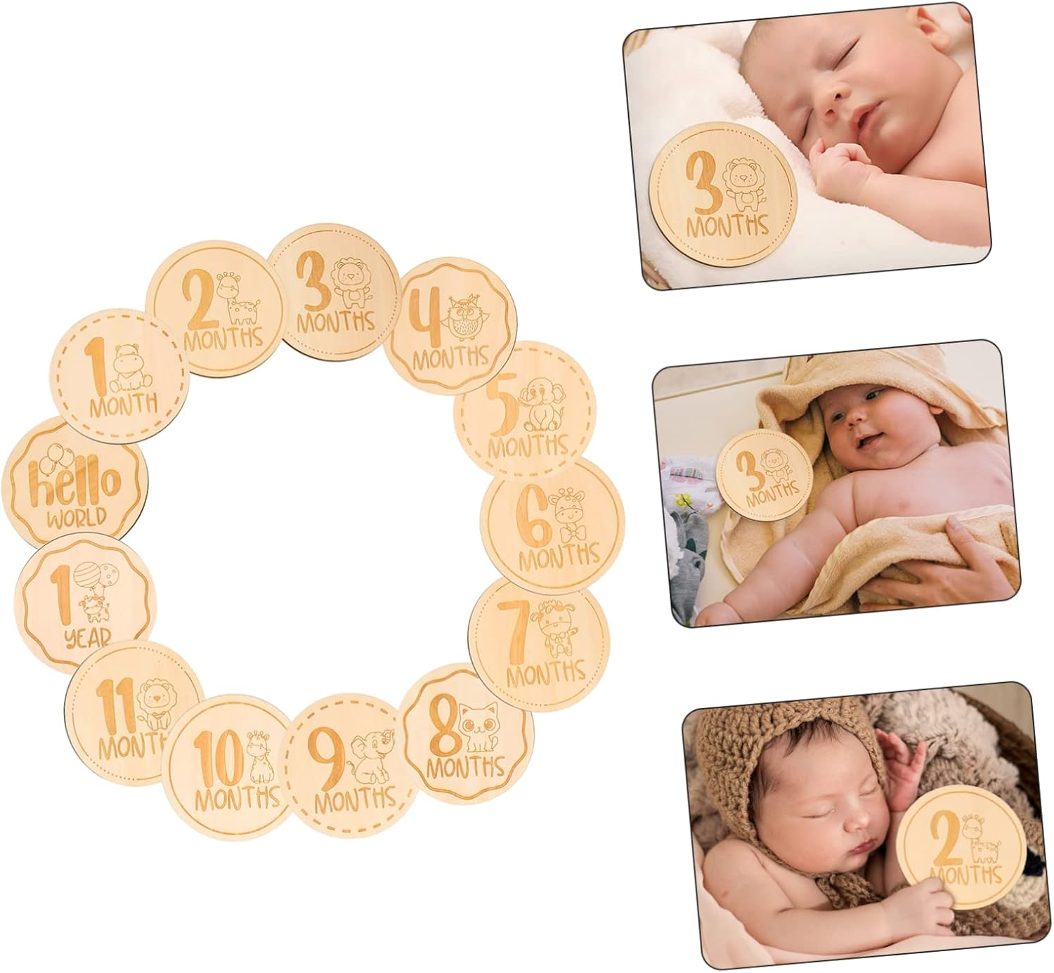 13Pcs Wood Milestone Discs Cartoon Animal Growth Cards Milestone Cards Photo Props for Newborns Shower image number 6