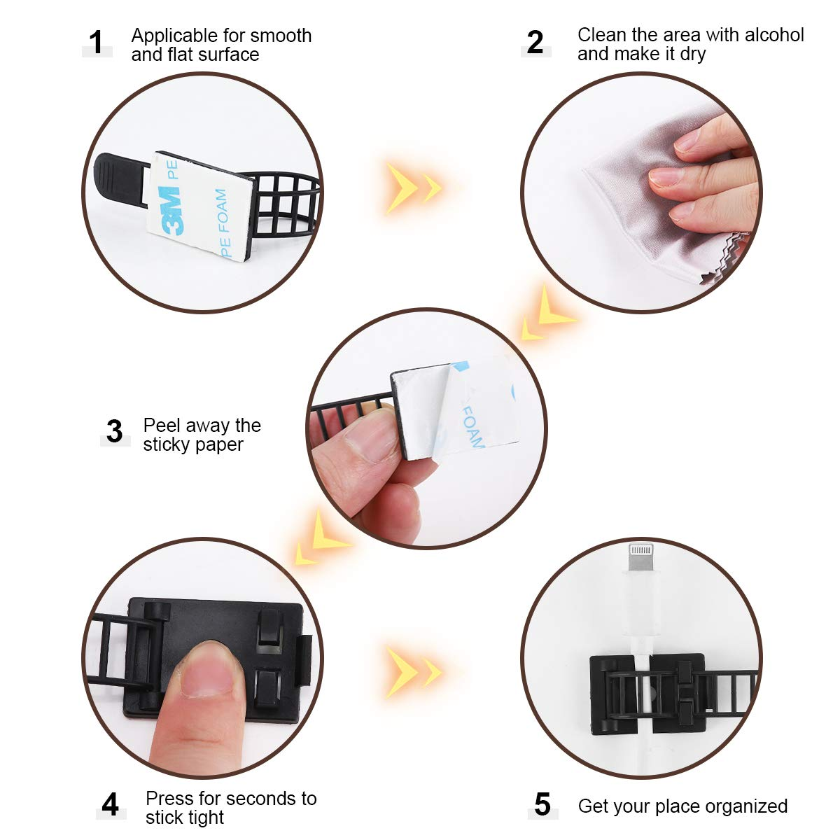 Adhesive Cable Management Clips, 100Pcs Adjustable Nylon Cable Strap Ties Wire Clips Clamps Organizer with Strong Adhesive Tape, Extra Screw & Hole for Strong Fixation Home Office - 3.35 Inch Black image number 4