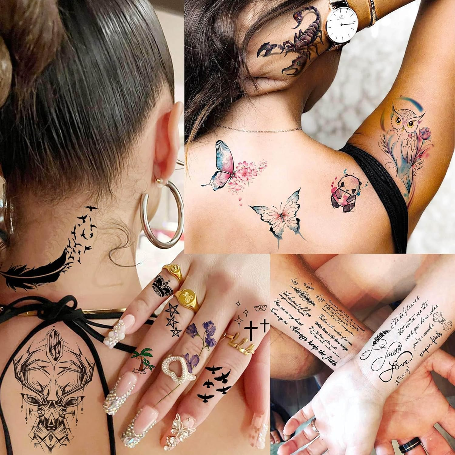 BUYUP Temporary Tattoos Adult,56 Sheets Watercolor Owl Tiger Lion Temporary Tattoos for Women Men Body Art Arm Thigh, 3D Long Lasting Realistic Fake Tattoo Sleeve Stickers, Temp Tatoos Kids image number 4